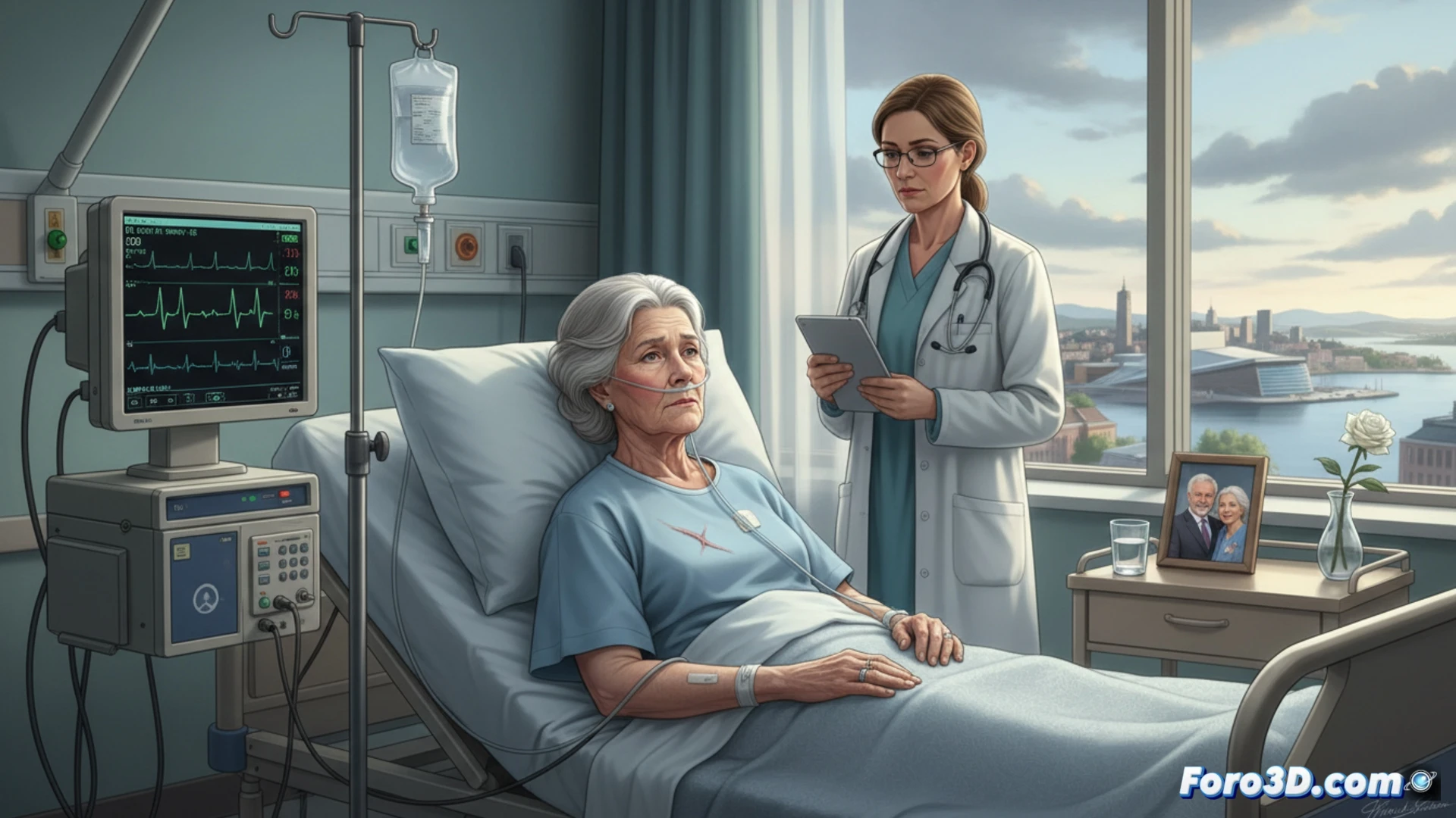 Elderly female patient lying on hospital bed in cardiac monitoring unit, ECG electrodes attached to chest, heart rhythm waveforms displayed on bedside monitor showing atrial fibrillation pattern, nurse adjusting IV drip with cardiac medication, medical team reviewing echocardiogram on tablet, soft clinical lighting, white hospital room with medical equipment in background, photorealistic medical illustration, realistic skin texture and hospital linens, dramatic shadows from window, calm but urgent atmosphere, ultra-detailed medical devices and monitoring equipment