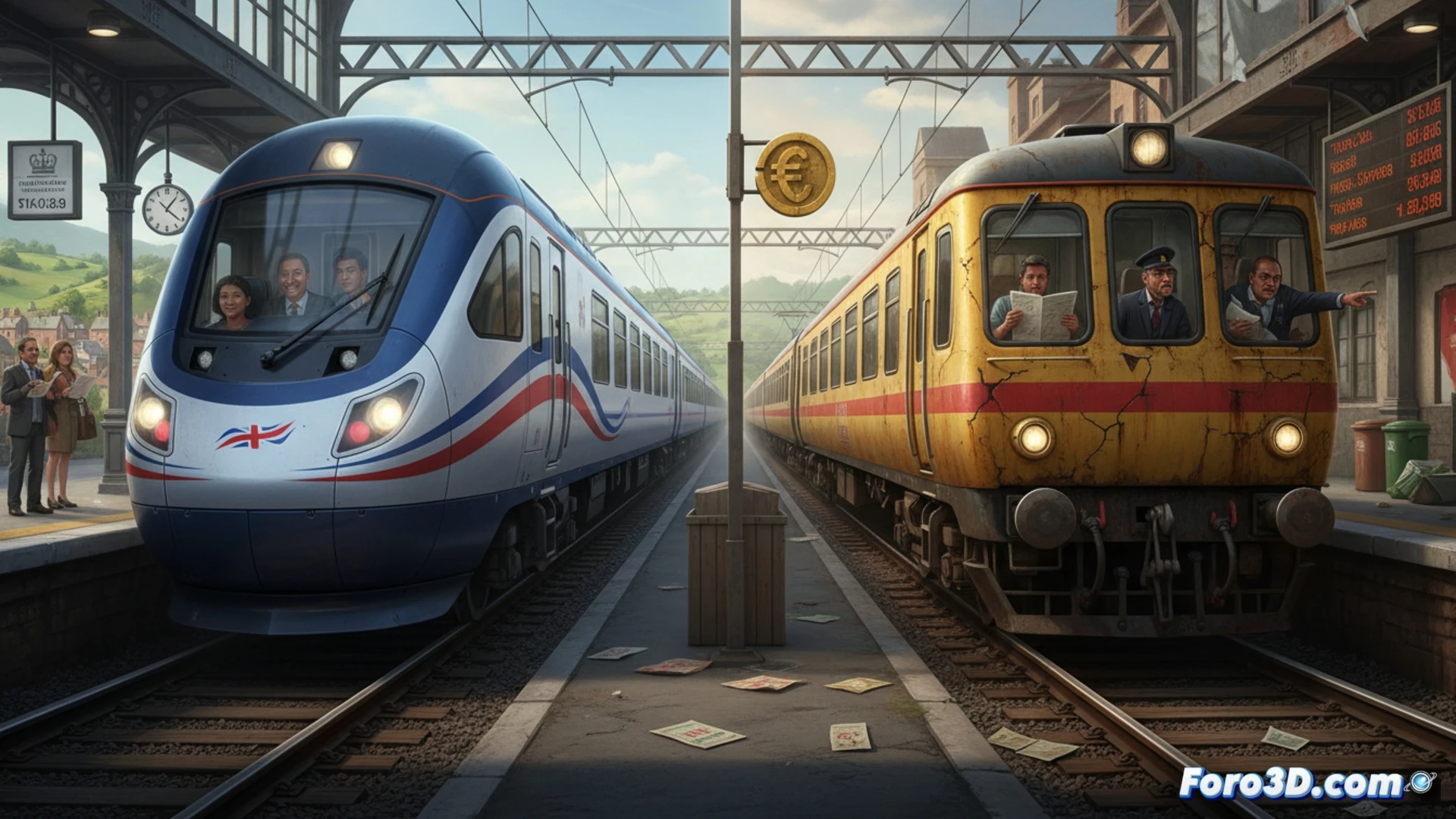 Dos vías de tren paralelas contrastantes en un paisaje urbano difuminado. Lado izquierdo: tren británico rojo y blanco, moderno y eficiente, estación pública con pantallas digitales mostrando horarios precisos, pasajeros subiendo tranquilamente. Lado derecho: tren español privado oxidado y desgastado, retrasado en una estación descuidada con carteles rotos, pasajeros frustrados mirando relojes. Iluminación dramática dividida: luz cálida y clara a la izquierda, sombras frías y sucias a la derecha. Estilo cinematográfico hiperrealista, texturas metálicas detalladas, reflejos en ventanas, vapor saliendo de frenos, ingeniería ferroviaria precisa, profundidad de campo, composición simétrica.