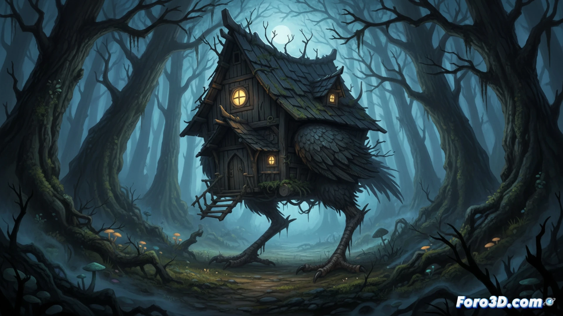 Cabaña con forma de pollo en un bosque oscuro, estilo cuento de hadas siniestro, renderizado en Unity