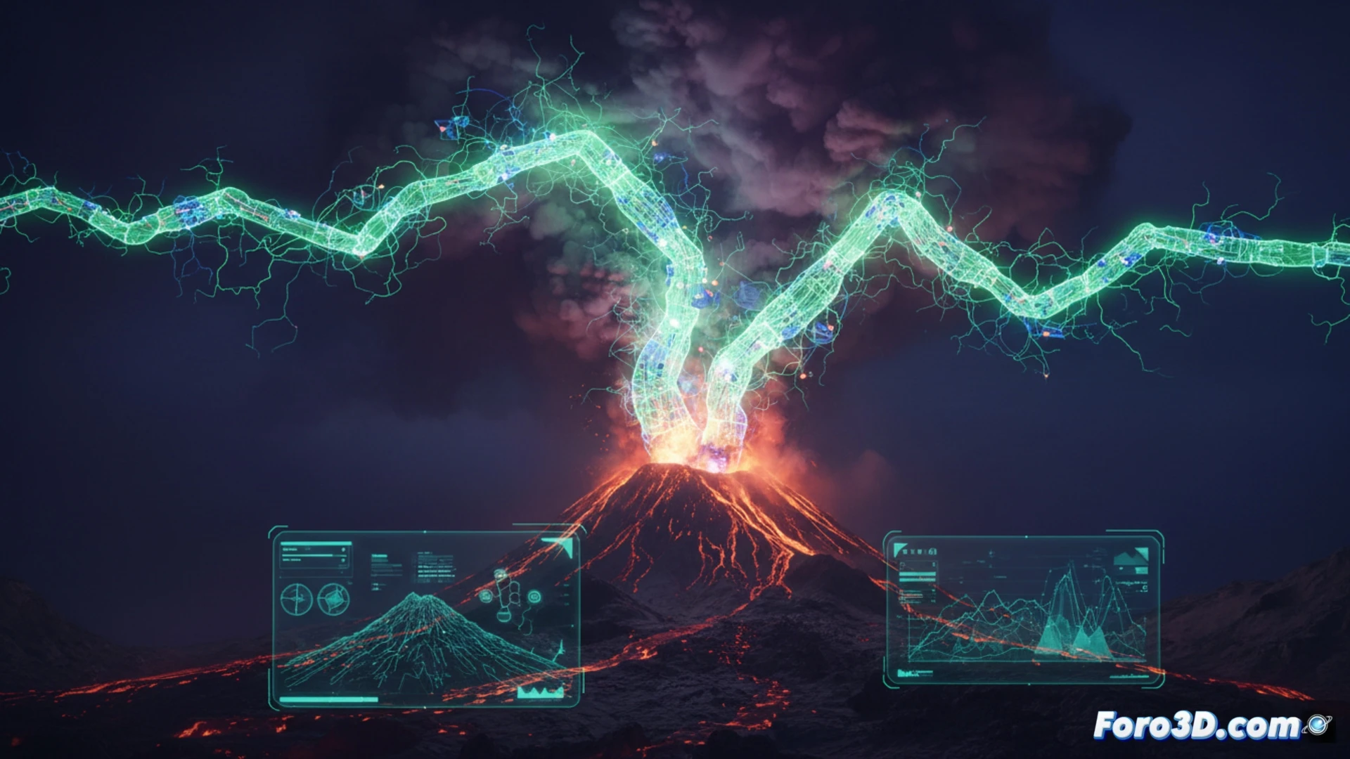 Visualización 3D de un relámpago verde volcánico con ramificaciones eléctricas y fondo de ceniza en erupción