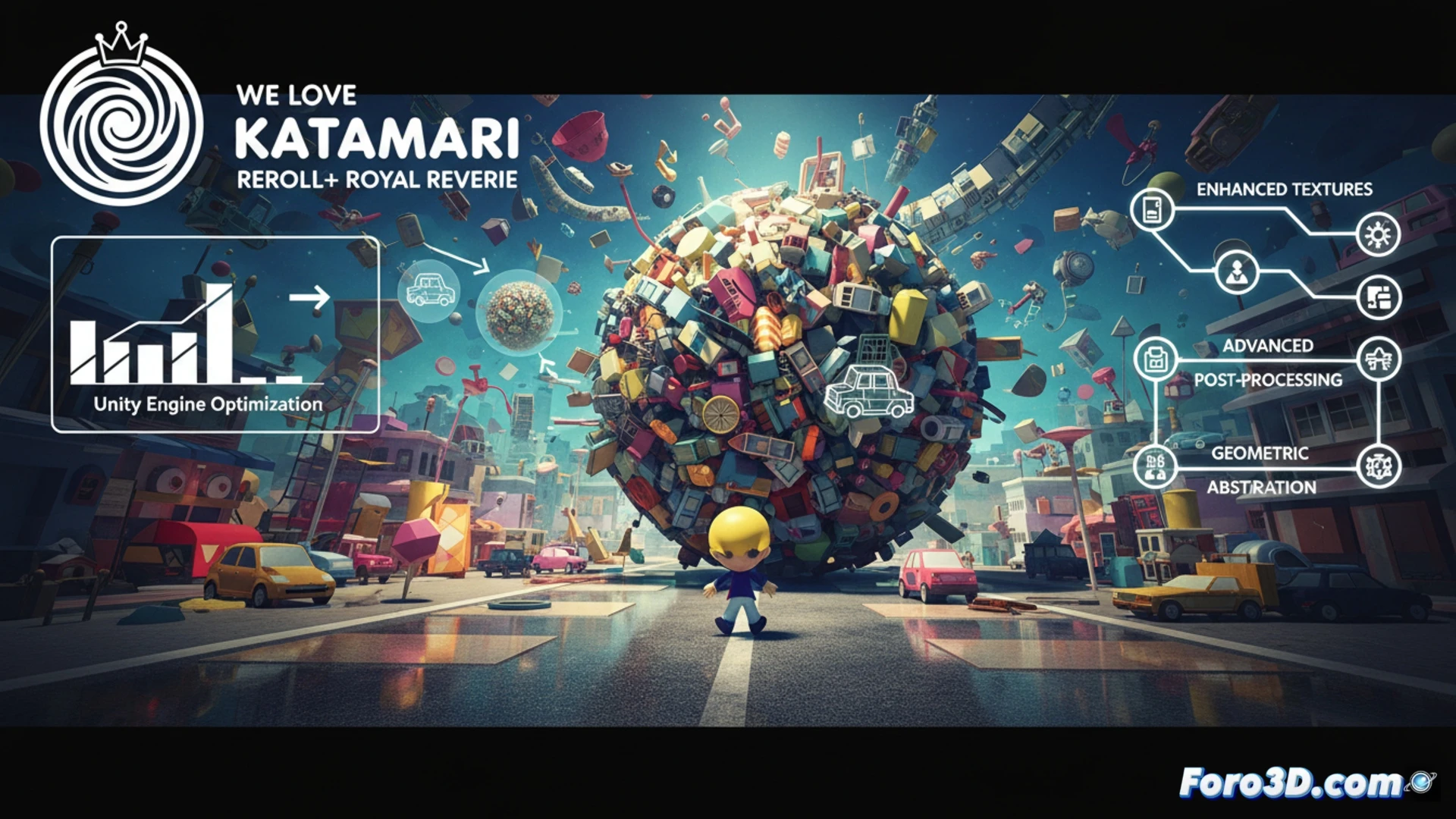 Captura de We Love Katamari Reroll mostrando el príncipe y una katamari gigante en un colorido escenario surrealista