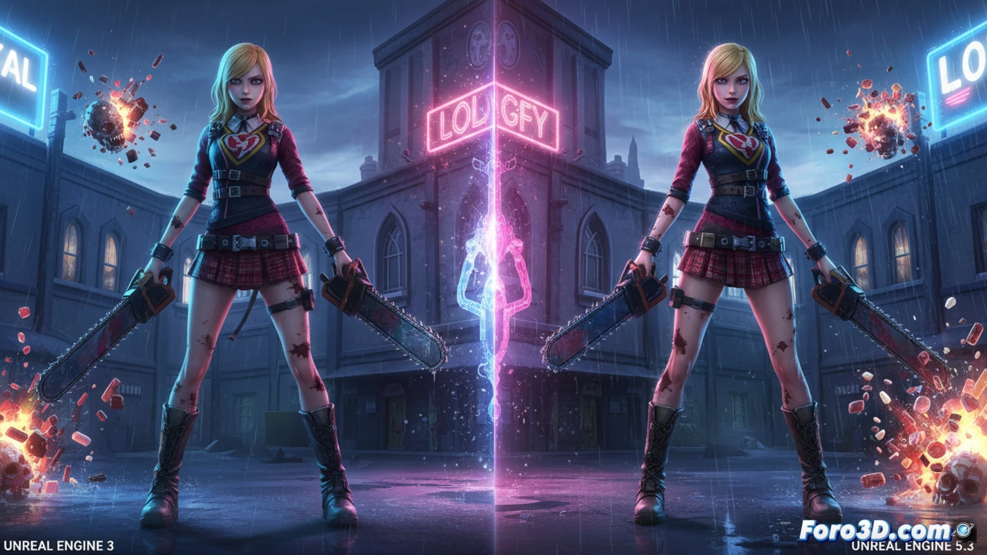 Juliet Starling con motosierra en escenario vibrante renderizado en Unreal Engine 5