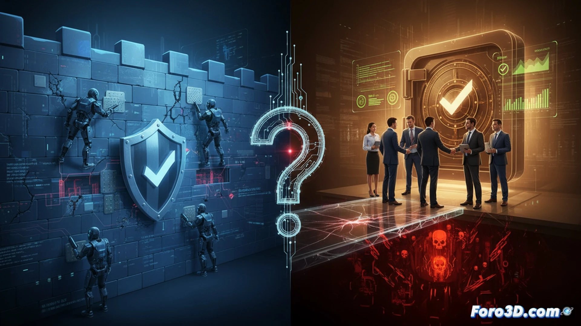 Ilustración conceptual que muestra una mano aplicando un parche digital sobre un sistema informático, mientras una lupa examina el resultado. Al fondo, un escudo de seguridad con grietas apenas visibles simboliza la falsa sensación de protección. Colores corporativos, tonos azules y grises, con un contraste de luz y sombra para reforzar el mensaje de validación necesaria.