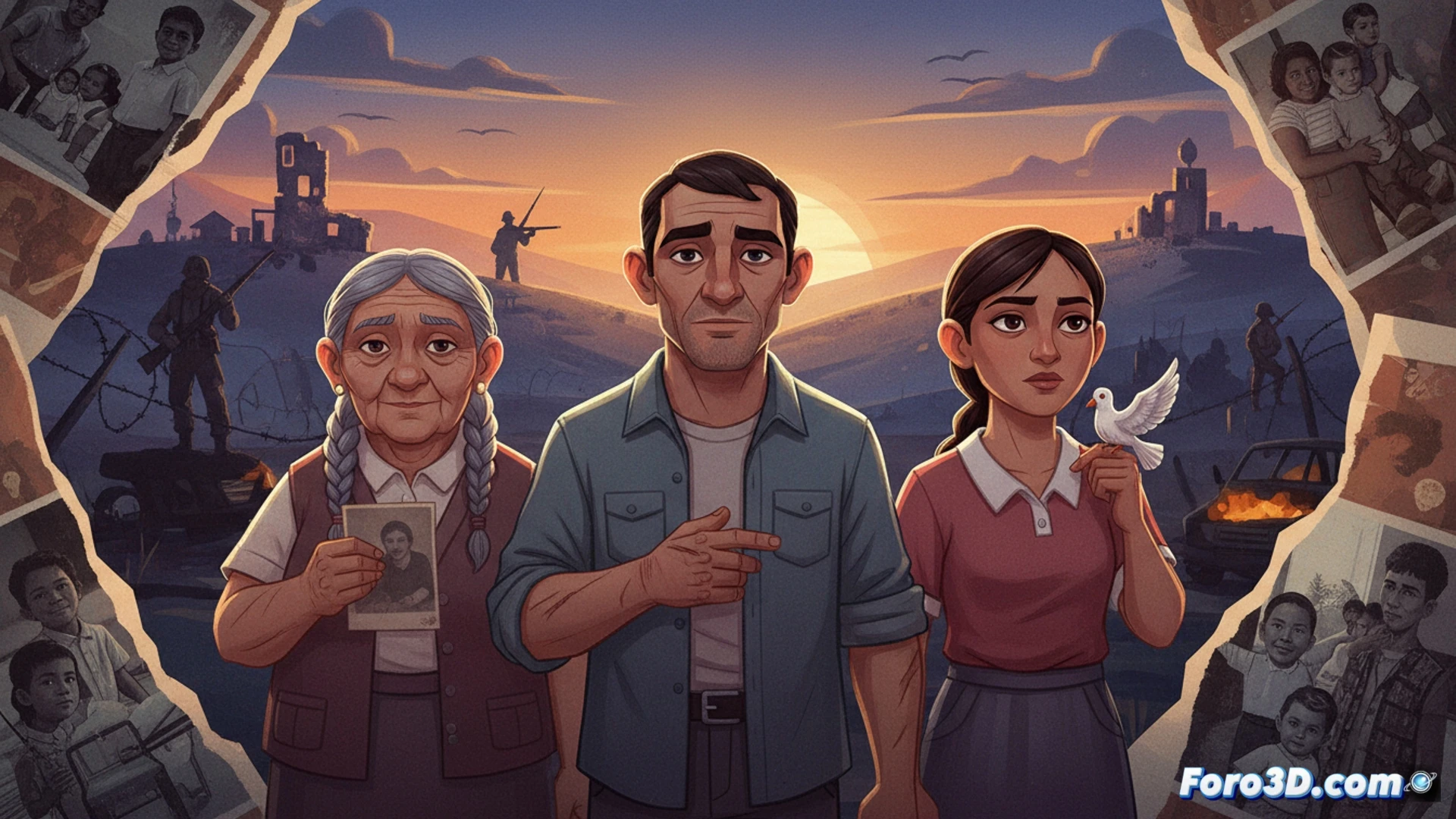 DESCRIPCIÓN (80-120 caracteres):  
Tres figuras animadas en 2D con texturas digitales emergen de sombras, simbolizando recuerdos de la guerra civil salvadoreña.