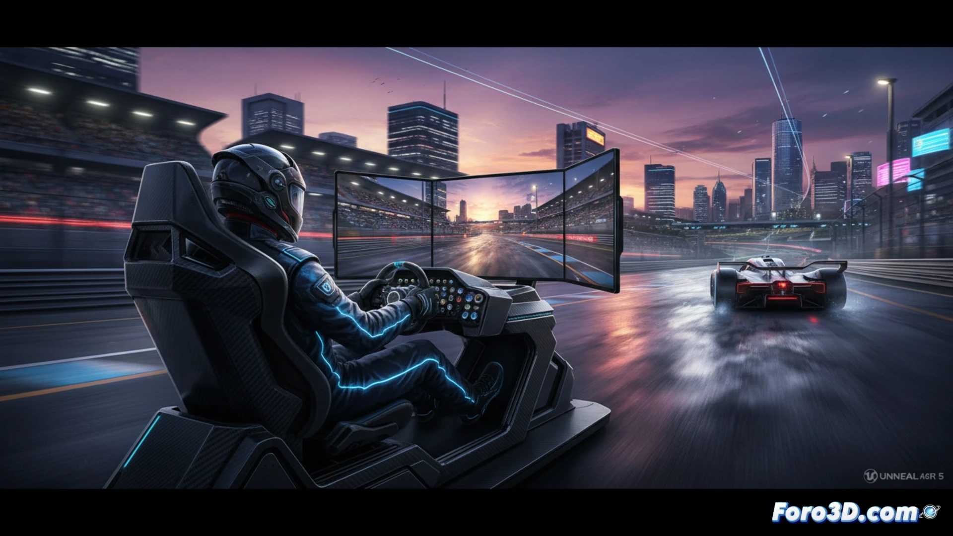Circuito de carreras nocturno en Unreal Engine 5 con reflejos dinámicos y geometría detallada