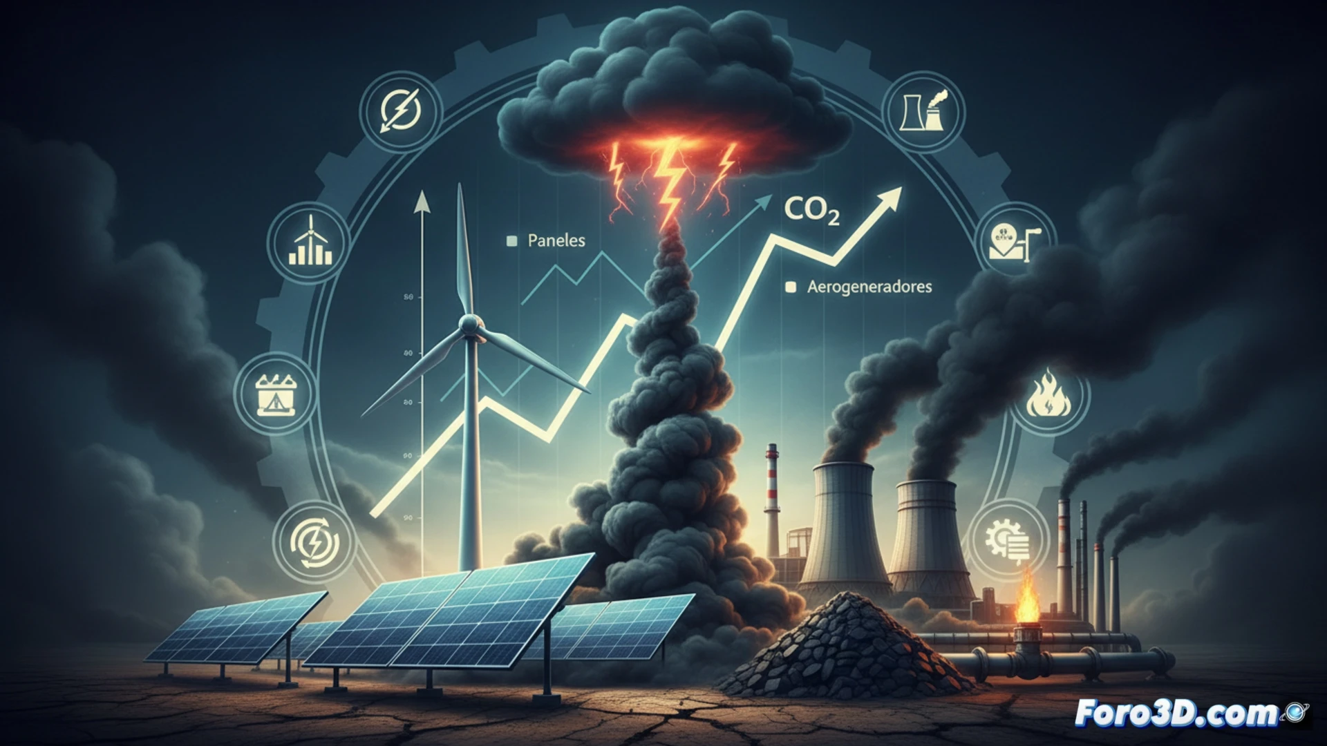Un paisaje con paneles solares y aerogeneradores bajo un cielo nublado, mientras detrás humean dos chimeneas de carbón y una central de gas.