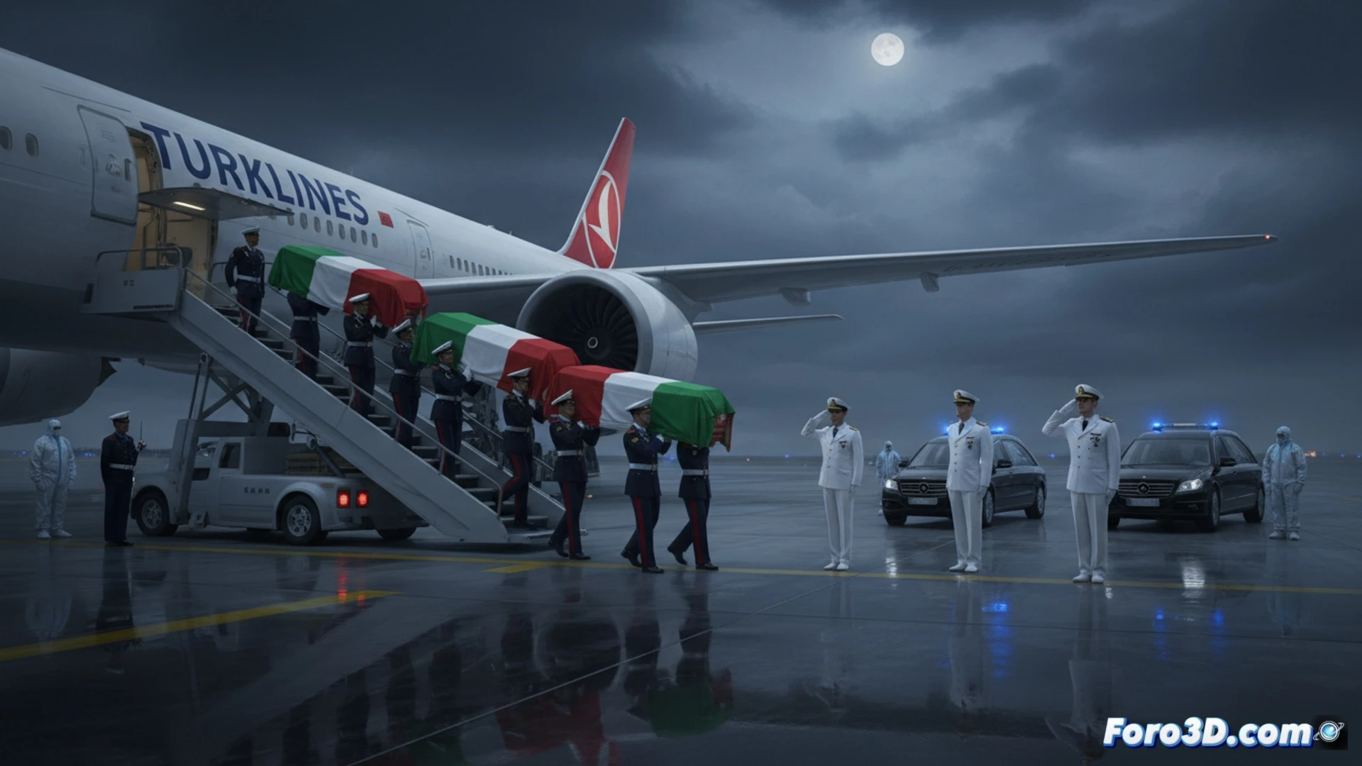 furgón frigorífico del aeropuerto de Malpensa con puertas traseras abiertas, cuatro féretros metálicos grises siendo descendidos por una plataforma hidráulica, personal de sanidad aeroportuaria en monos blancos supervisando el proceso, mochilas de buceo técnicas apiladas junto a equipos de respiración, ala de avión Boeing 737 de Turkish Airlines al fondo con escalerilla desplegada, asfalto mojado reflejando luces de posición naranjas, carretilla elevadora amarilla esperando para traslado, fotografía documental hiperrealista, iluminación fría de atardecer, texturas de metal industrial, composición simétrica y solemne, estilo cinematográfico de fotoensayo