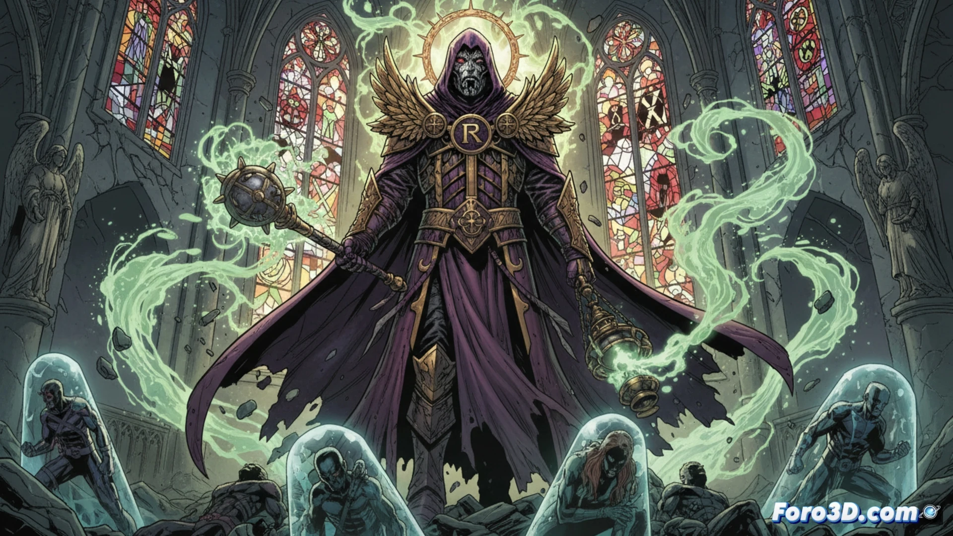 Mutant cemetery at night, a hooded figure Repent standing on cracked gravestones, raising a glowing cross-shaped staff above his head, purple energy waves radiating outward, X-Men members in combat poses reacting with defensive stances, shattered Sentinel parts scattered on muddy ground, dramatic cinematic lighting, dark storm clouds with lightning, gothic cathedral silhouette in background, photorealistic comic book art style, dynamic action scene, sparks and dust particles suspended in air, high contrast shadows, ultra-detailed fabric textures and metallic reflections