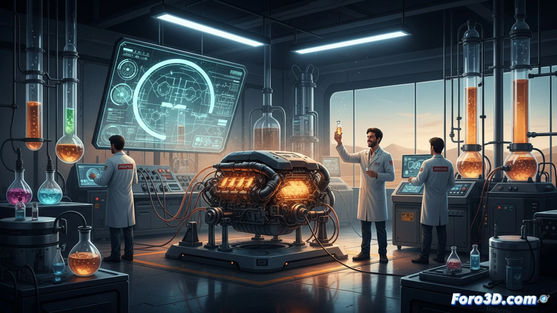 Repsol TechLab laboratory scene, bright industrial lighting, a partially disassembled Toyota Dakar rally engine mounted on a test stand, transparent fuel lines feeding a glowing combustion chamber, real-time data screens showing efficiency metrics and emission graphs, a technician in a white lab coat adjusting a fuel injection sensor, motion blur on rotating engine parts, holographic molecular diagrams of fuel compounds floating above the engine, photorealistic engineering visualization, metallic surfaces reflecting cool blue and orange light, ultra-detailed mechanical components, cinematic depth of field
