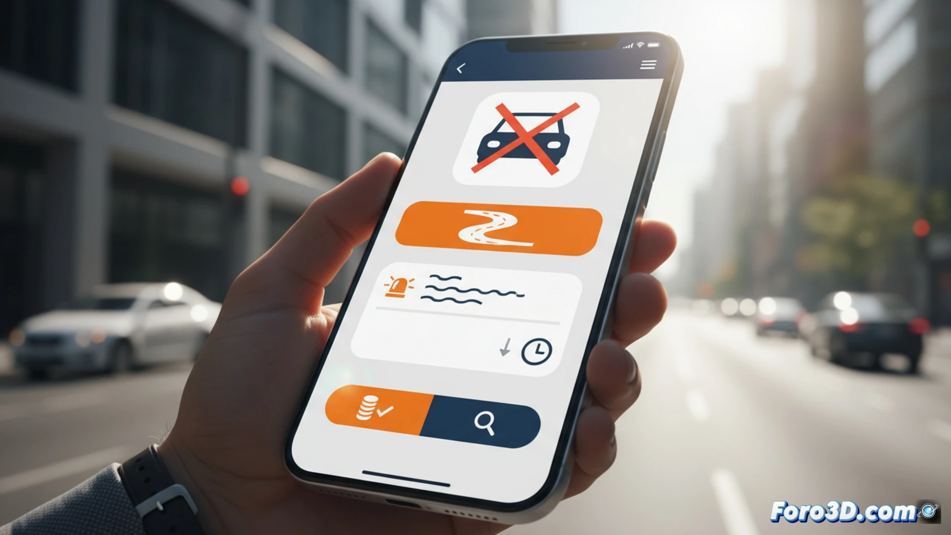 smartphone screen displaying Waylet app interface with a red traffic fine notification badge, user tapping on the alert while a car dashboard and steering wheel are visible in the background, mobile phone held in hand during a parking scenario, photorealistic technical illustration, soft indoor lighting, blurred city street visible through windshield, app interface showing fine details and payment button, realistic shadows and reflections on phone glass, high-contrast UI elements, cinematic composition