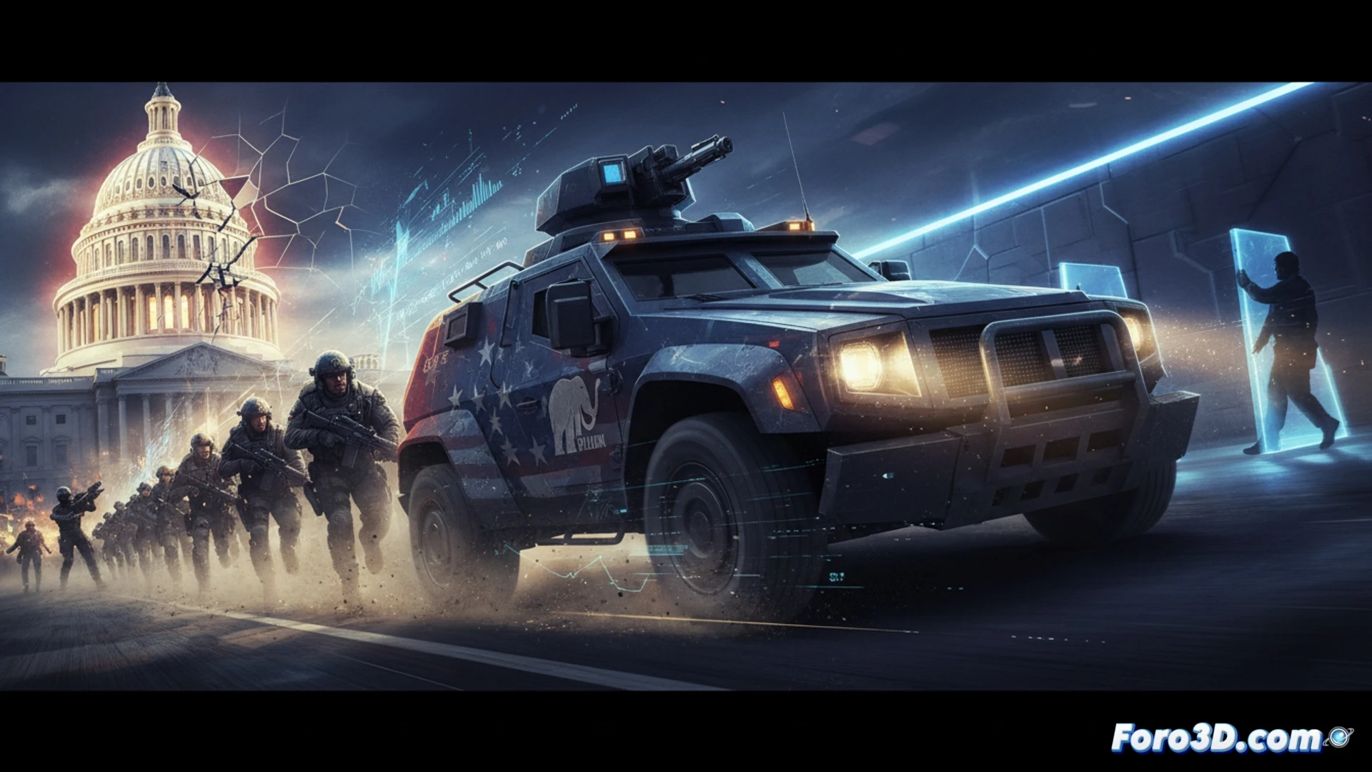ICE and Border Patrol headquarters building at night, agents in tactical gear rushing toward a surveillance monitor wall showing live border camera feeds, stacks of cash and budget documents on a desk with a gavel nearby, photorealistic cinematic visualization, dramatic floodlight illumination from above, concrete and metal architecture, motion blur on moving agents, glowing red and blue status lights on communication equipment, detailed financial papers with bar graphs visible, high-contrast shadows, wide-angle lens perspective, industrial government facility atmosphere