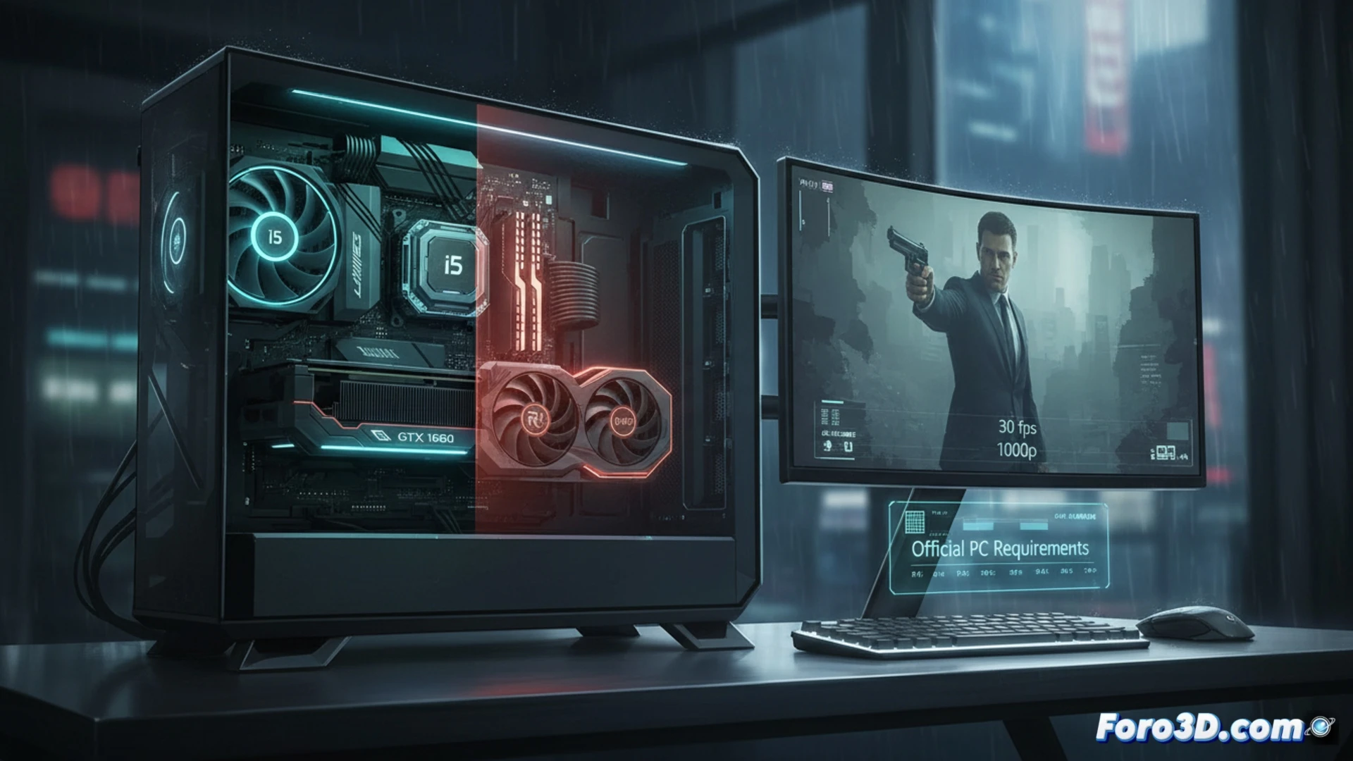 Un monitor gaming muestra la interfaz de requisitos de 007 First Light, con un teclado y un control junto a una pistola de espía.