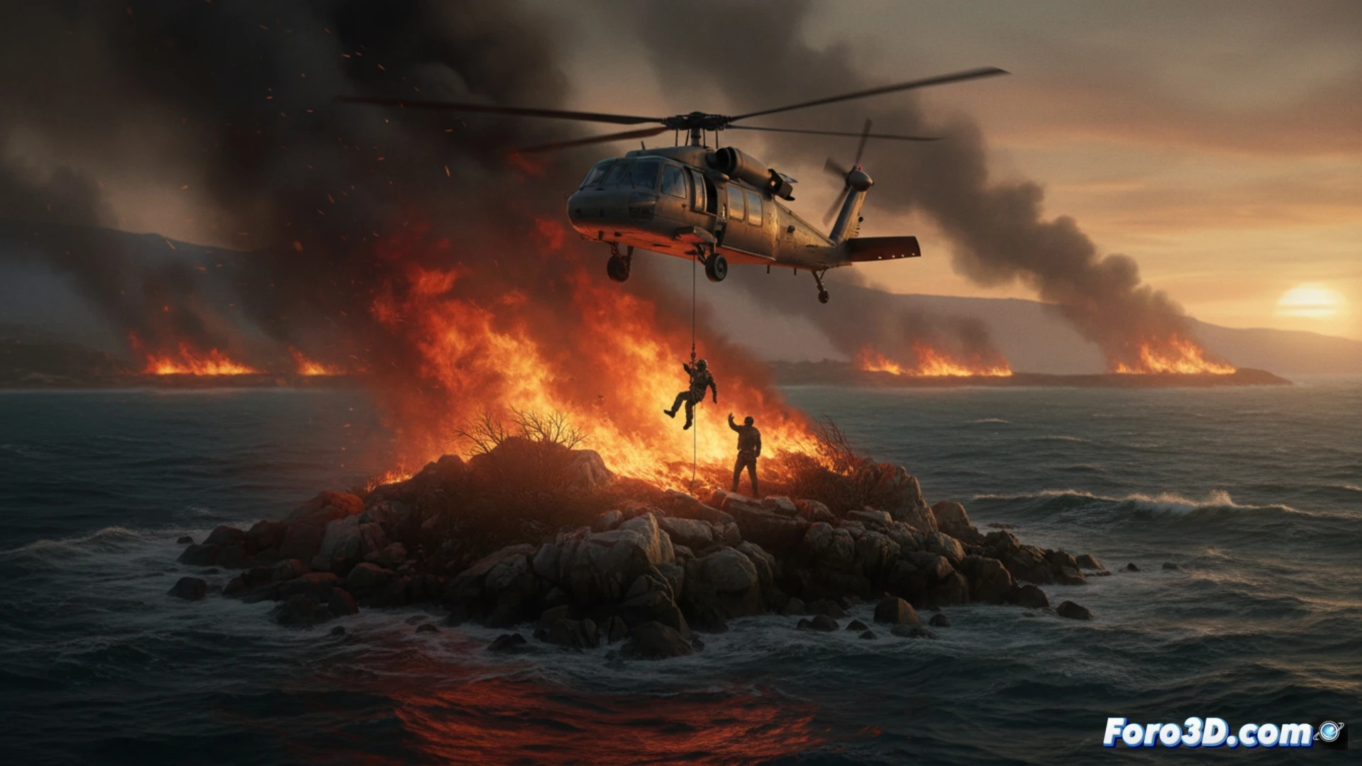 helicopter rescue operation over burning California island, flames consuming dry brush and trees while smoke billows upward, strong winds pushing fire toward shoreline, man in orange survival suit dangling from hoist cable above rocky terrain, rescue crew leaning out of helicopter door operating winch mechanism, rotor wash creating visible smoke vortex patterns, emergency response equipment visible inside cabin, dramatic orange and black color palette, cinematic photorealistic style, intense action scene showing extraction process