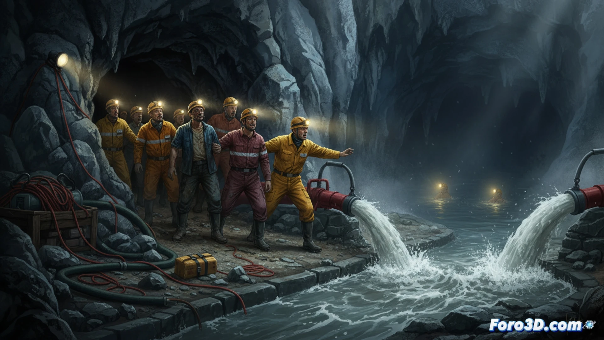 Rescue team in flooded cave entrance, five exhausted miners being helped out after water pumping operation, two empty stretchers waiting in background symbolizing missing persons, muddy boots and mining tools scattered on wet ground, headlamps illuminating dark cavern walls, water dripping from stalactites, cinematic photorealistic visualization, dramatic low-angle lighting, wet reflective surfaces, heavy machinery like portable pumps and hoses visible, tense atmosphere during search and rescue process, ultra-detailed rock textures, realistic human figures showing fatigue but relief, technical rescue equipment in foreground