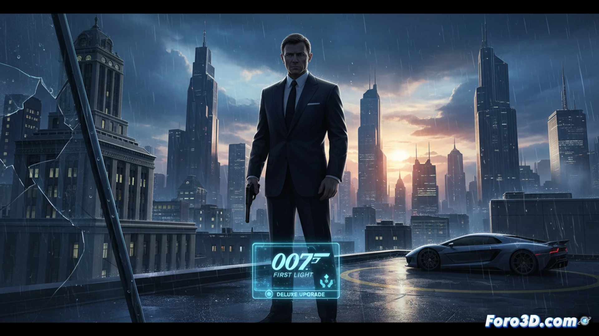 photorealistic cinematic scene of a sleek James Bond spy gadget being unboxed from a premium steel case, a glowing digital countdown timer projected on a table surface showing 24 hours remaining, a next-gen PS5 console and Xbox Series X controller placed beside a high-end gaming PC monitor displaying a Deluxe Edition upgrade confirmation screen, dramatic spotlight illuminating the metallic 007 logo embedded in the case, holographic particle effects swirling around the hardware, ultra-detailed reflective surfaces, technical product visualization style, sharp focus on the upgrade process and early access activation