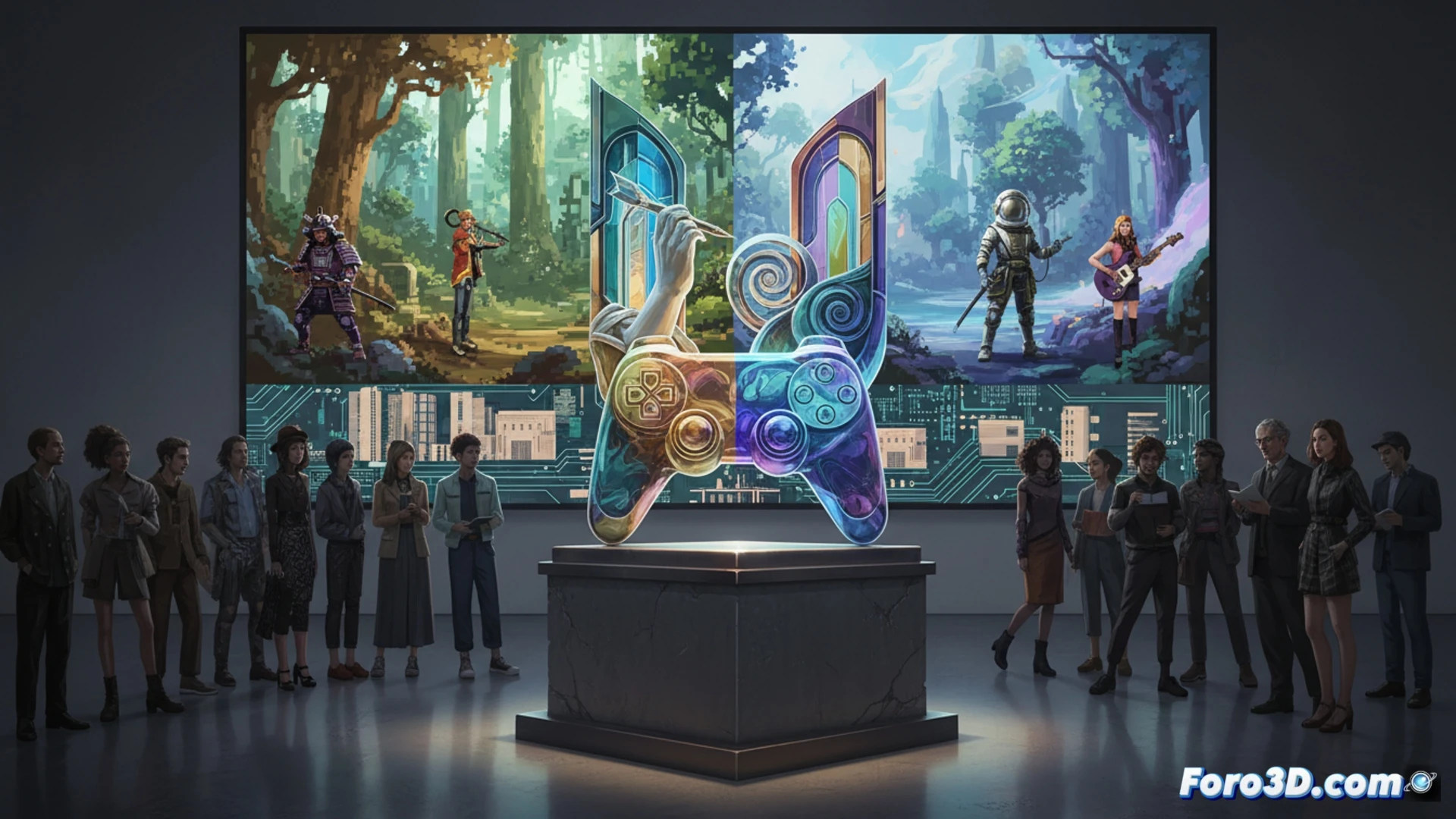 Una portada minimalista de la revista Reset muestra un gamepad de vidrio expuesto en un pedestal de museo, con reflejos de pinceles y partituras musicales. Al fondo, siluetas de artistas y desarrolladores conversan bajo un letrero de neón que dice 'Arte ya'.