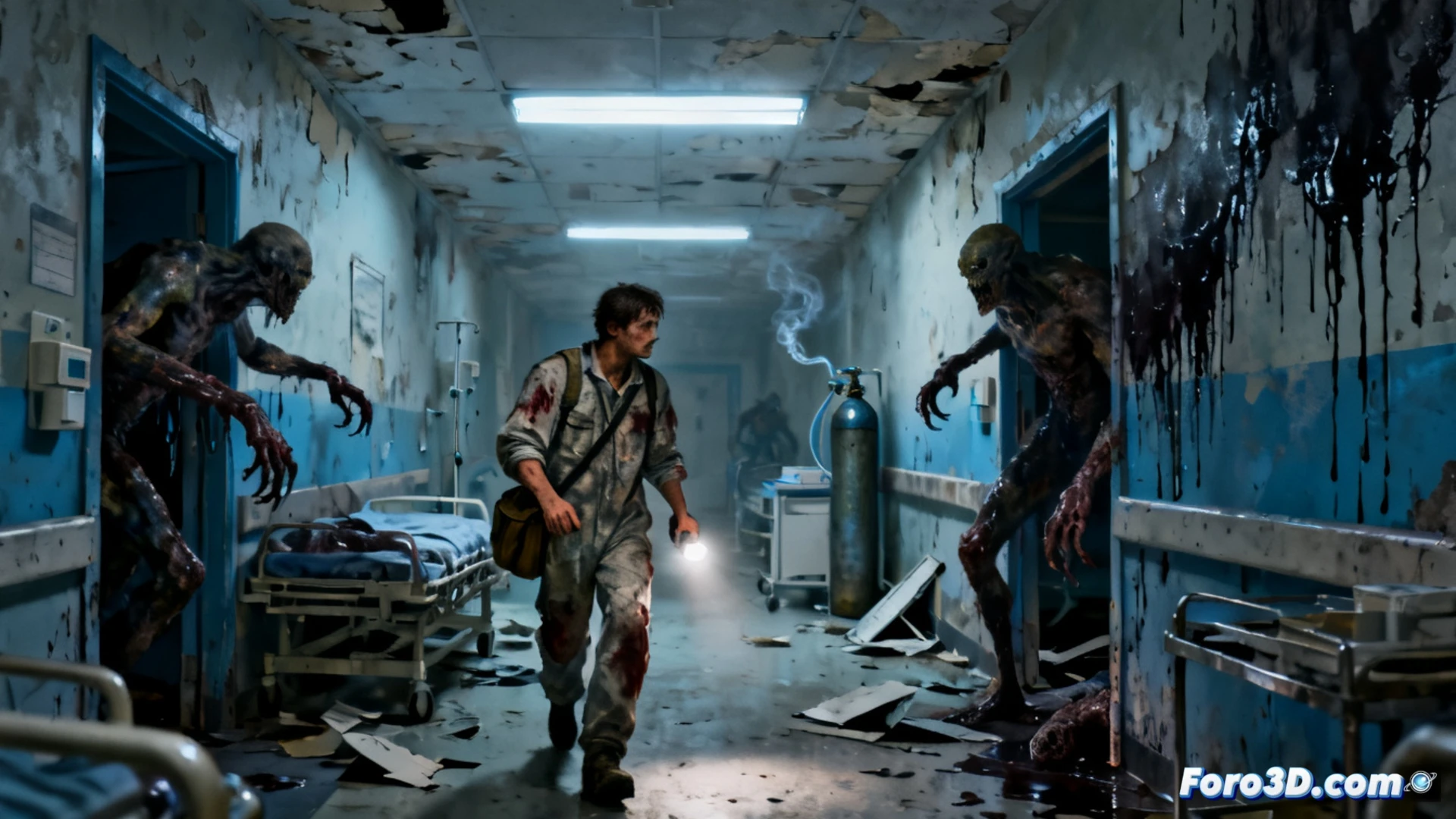 Un mensajero corre por un pasillo de hospital oscuro, con paredes cubiertas de carne mutante. Luces parpadean entre jeringas rotas y sangre. Criaturas retorcidas emergen de las sombras, atrapándolo en una trampa biológica claustrofóbica.