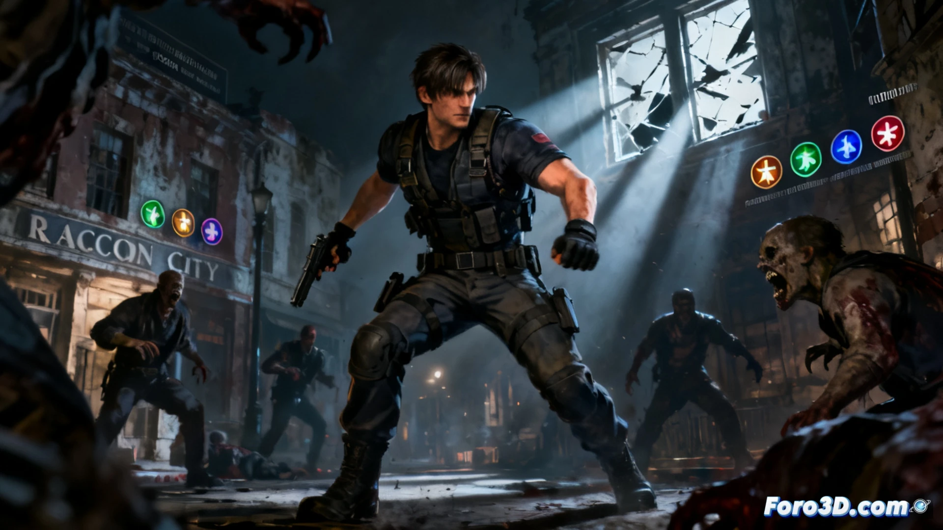 Leon Kennedy avanza por un oscuro pasillo infestado de zombis, con mejoras brillando sobre enemigos caídos y un jefe final al fondo.