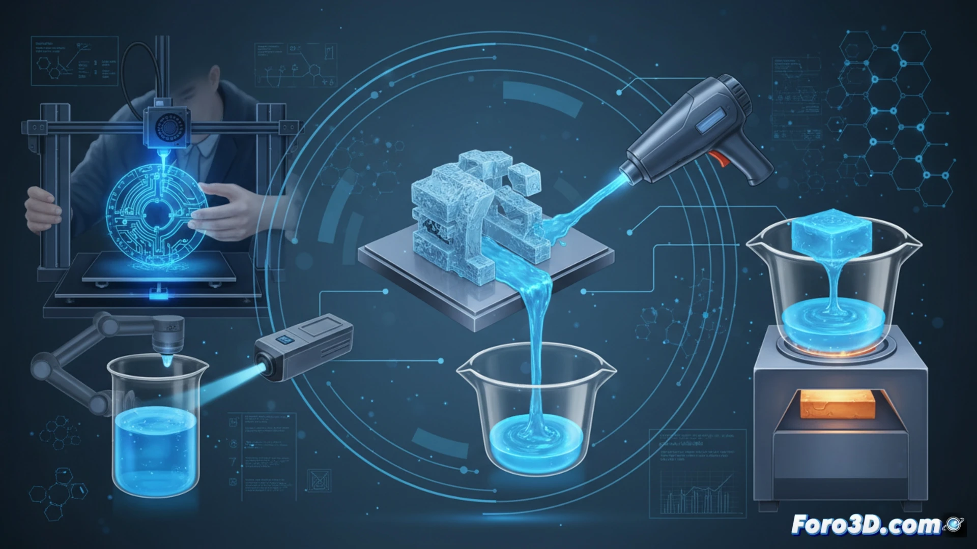 photorealistic engineering visualization of a 3D printing process showing a blue light curing transparent resin into a complex gear shape on a build platform, then a heat gun melting the same gear back into liquid resin dripping into a collection tray below, dual-state resin demonstration, glowing blue LED array above the print bed, transparent amber resin with visible internal reflections, steam and heat waves rising from melted resin pool, industrial laboratory setting with metallic workbench, precision temperature gauge nearby, dramatic side lighting emphasizing the phase change, ultra-detailed droplet dynamics, cinematic macro shot, technical illustration style