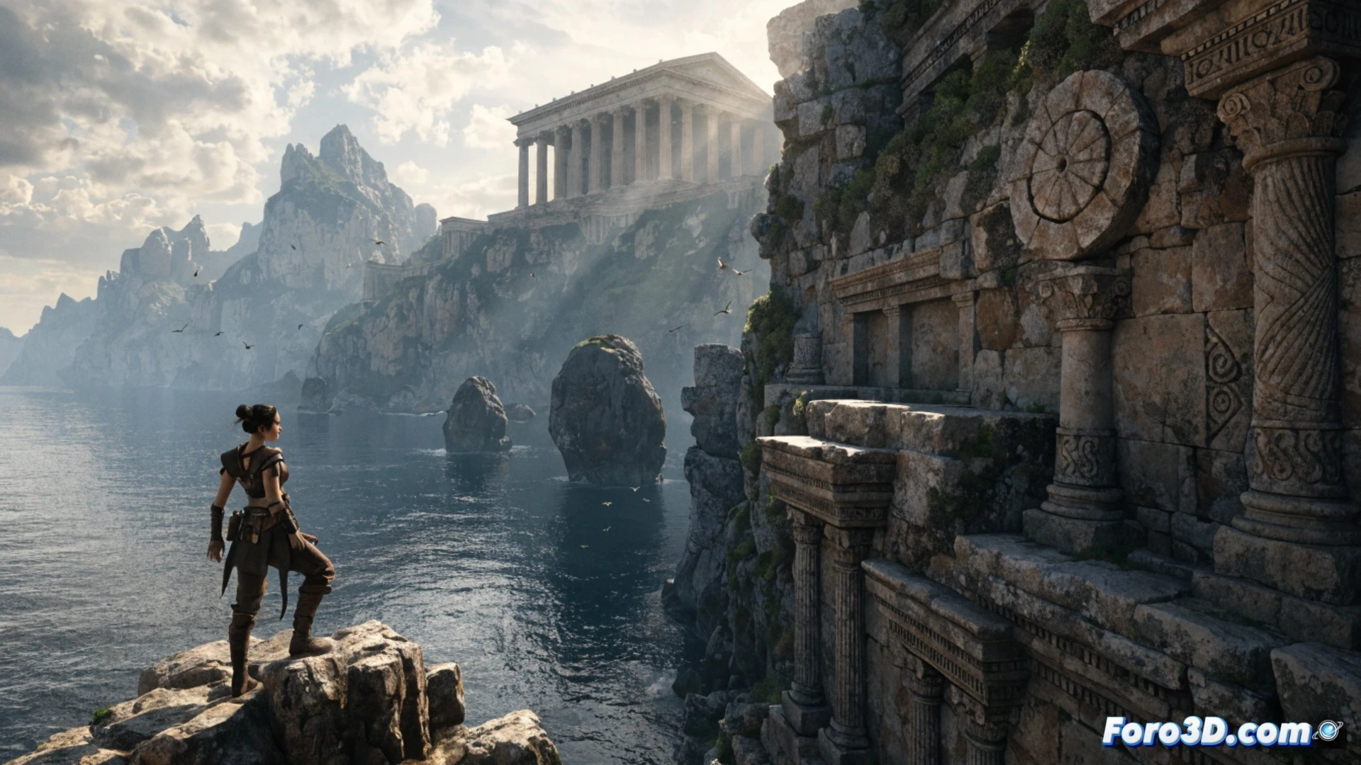 Imagen de Sophia en la Isla del Minotauro, con templos costeros bañados por el sol, el mar Mediterráneo de fondo y senderos rocosos que anticipan puzles y peligros en Resonance: A Plague Tale Legacy.