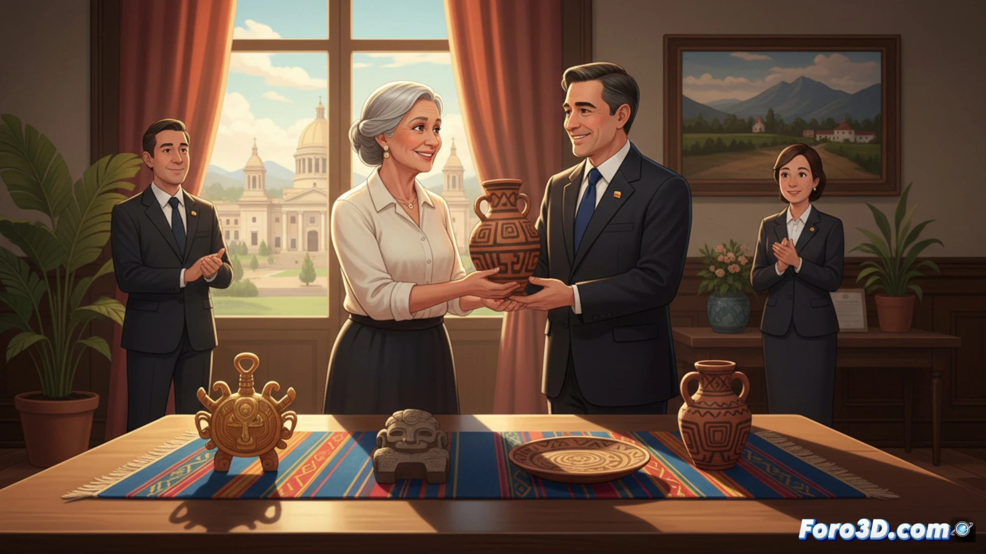 A woman in her 60s carefully handing over five ancient ceramic vessels to a Colombian embassy official at a wooden desk, one piece wrapped in protective foam, another being examined with white cotton gloves, diplomatic seal on the wall, soft natural light from a window, photorealistic technical illustration, warm earthy tones contrasting with modern office elements, detailed textures of aged clay against polished furniture, showing the transfer of cultural heritage, respectful and formal atmosphere