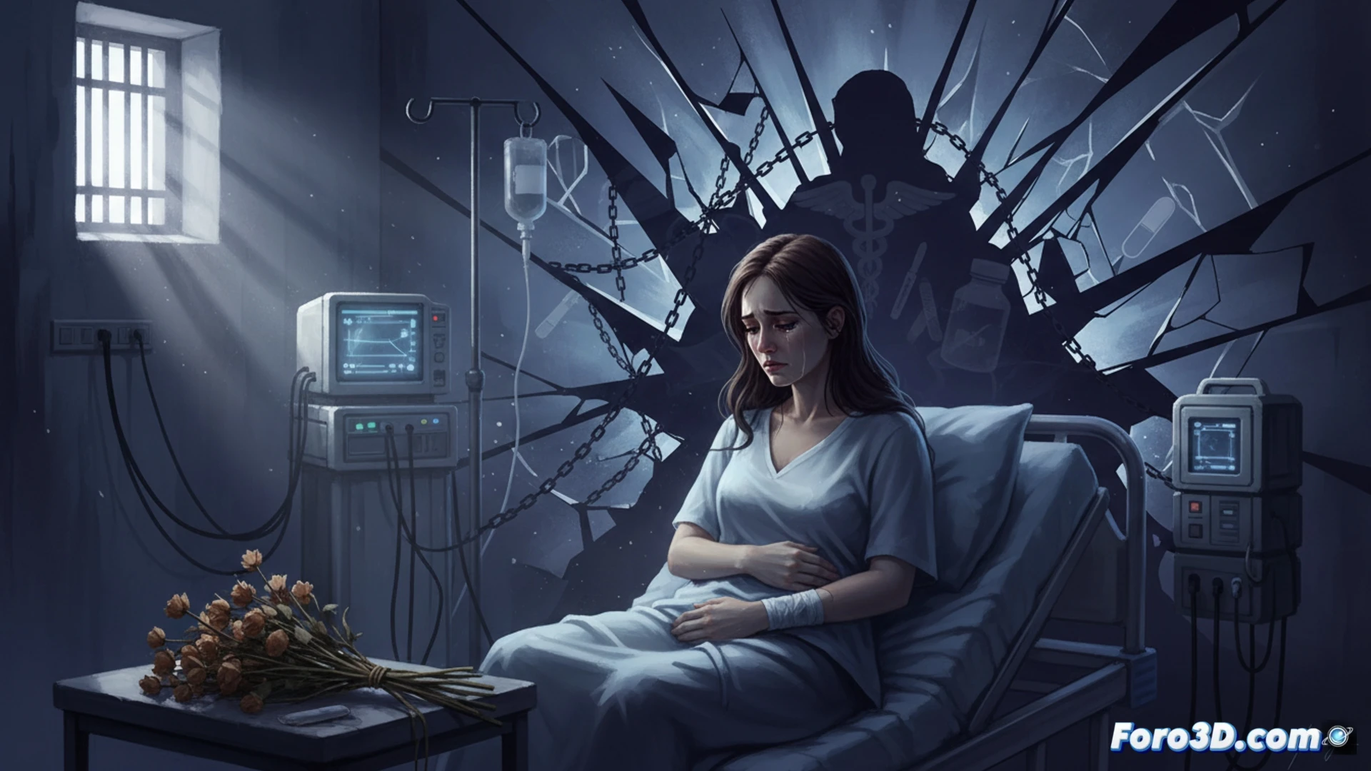 photorealistic medical illustration of a woman lying on a hospital bed holding her abdomen in emotional distress, doctor standing beside her with a clipboard showing confused legal documents, a nurse preparing a syringe for infection treatment, empty medicine cabinet with a padlock on the mifepristone shelf, soft clinical lighting, sterile white room, tears on patient face, subtle trauma and anxiety visible, medical monitors showing irregular vitals, realistic human anatomy detail, cinematic healthcare scene, no text or numbers in image