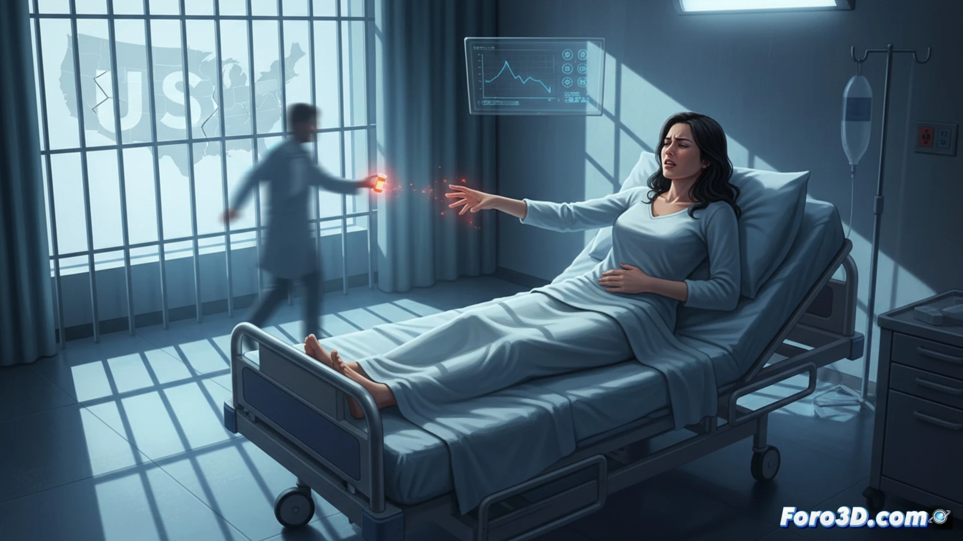 Technical illustration showing a medical syringe and medication vial partially obscured by a gavel, with a broken chain linking a pregnant silhouette to a hospital building, hospital bed with monitoring equipment in background, medical staff hands hesitating near treatment tray, red warning overlay on ultrasound screen, photorealistic medical illustration, cold clinical lighting, shadowy legal documents fading into background, dramatic contrast between sterile white environment and dark restrictive elements, detailed anatomical chart on wall showing first-trimester development, realistic medical equipment textures, cinematic documentary style