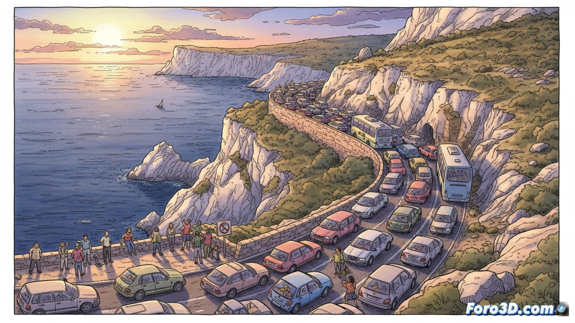 crowded scenic overlook at Mirador del Colomer, tourist cars stopped and blocking the narrow coastal road during the first day of vehicle restrictions, confusion visible as drivers step out and argue while a municipal bus waits behind, digital information sign showing new parking rules, photorealistic cinematic style, golden afternoon sunlight casting long shadows on limestone cliffs, detailed car models with realistic reflections, dust particles in air, frustrated gestures, clear blue sea in background, technical travel infrastructure scene