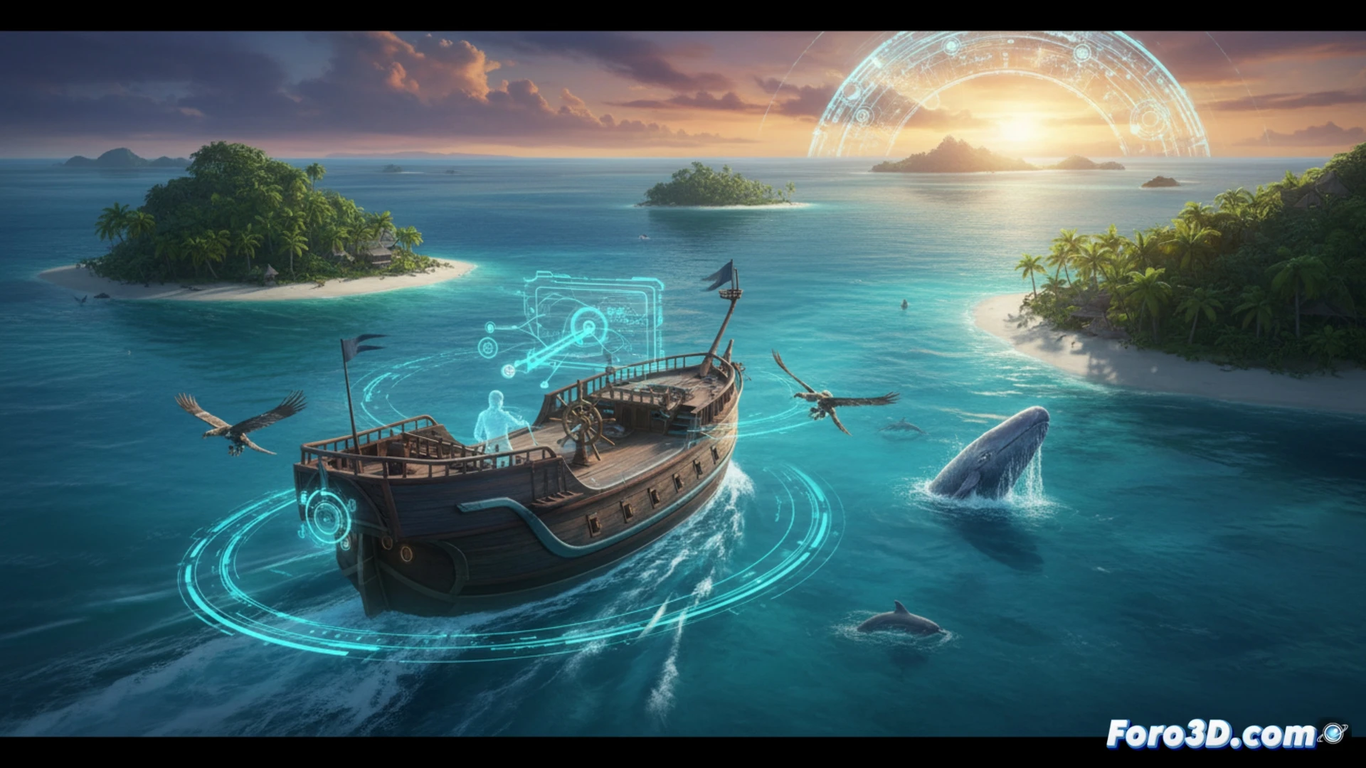 Caribbean sailing ship Jackdaw cutting through turquoise waves under sunset sky, crew visible on deck, glowing holographic Pathfinder route lines projected across the ocean surface, Follow Sea autopilot interface active on ship wheel, no loading screens or transition fog, seamless open world horizon, cinematic photorealistic technical illustration, dynamic ocean foam, golden sunlight scattering through clouds, ultra-detailed wood textures, motion blur on sails, dramatic adventure lighting, 4K engineering visualization