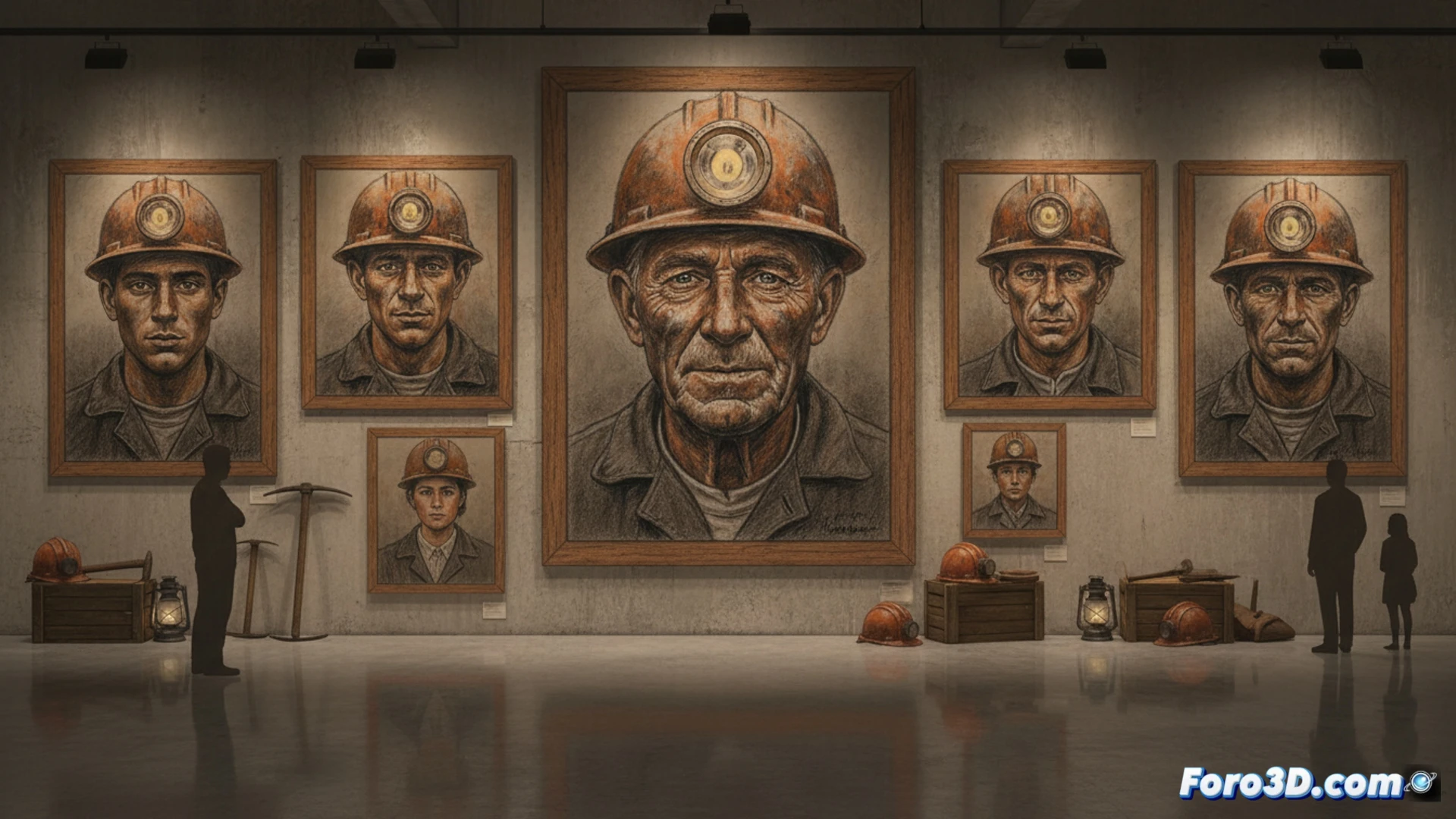 old mining gallery interior, coal dust particles floating in dim light, miner with weathered face holding a pickaxe while leaning against a rusted mining cart, another miner adjusting a vintage carbide lamp on his helmet, worn leather gloves and heavy boots visible, rough wooden support beams framing the scene, cinematic documentary style, warm amber tungsten light contrasting with deep black shadows, oil painting texture with visible brushstrokes, ethnographic portrait atmosphere, photorealistic yet painterly rendering, dramatic chiaroscuro lighting