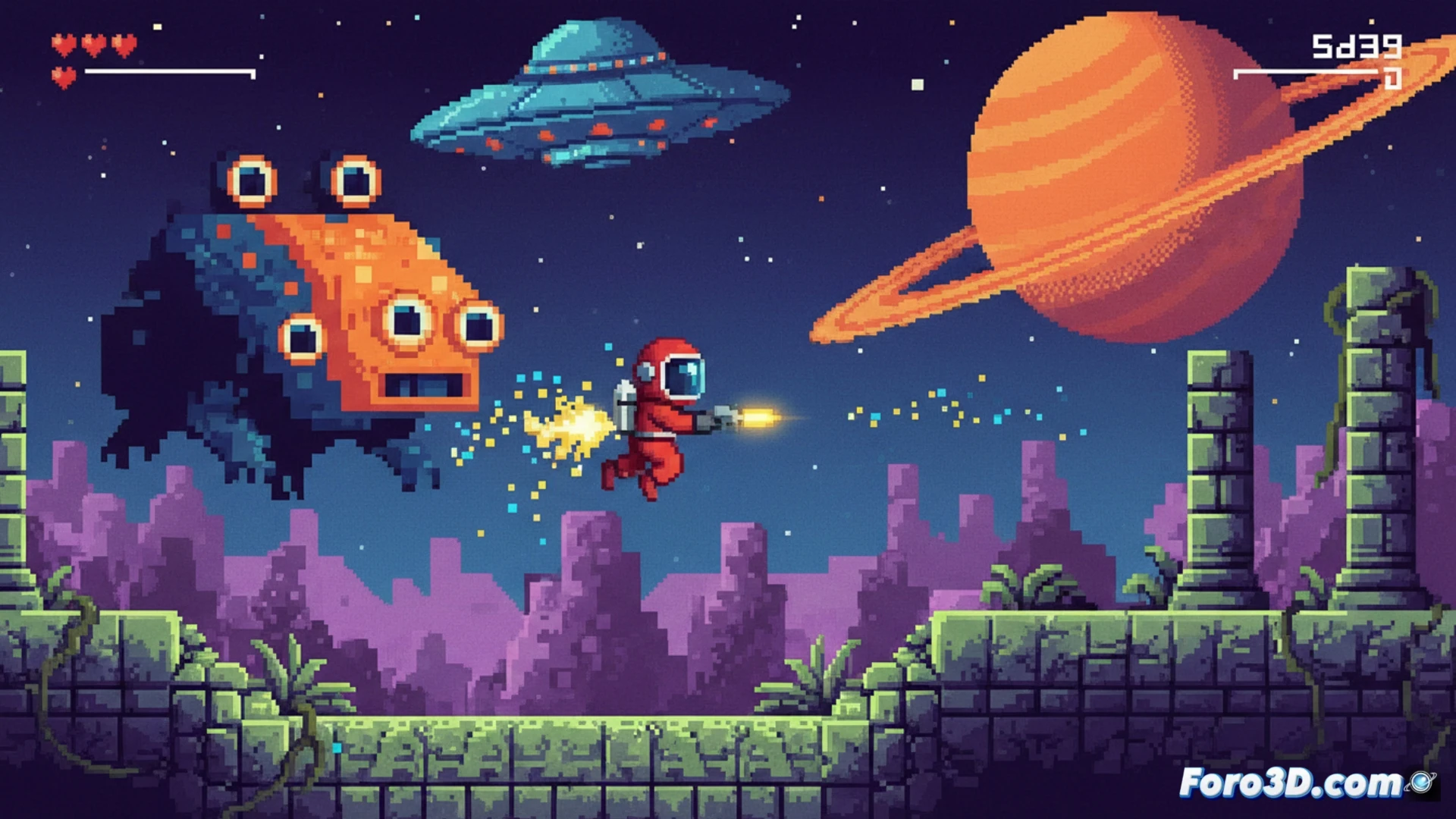Captura de UFO 50 mostrando pixel art 8 bits con scroll suave y partículas en GameMaker Studio 2