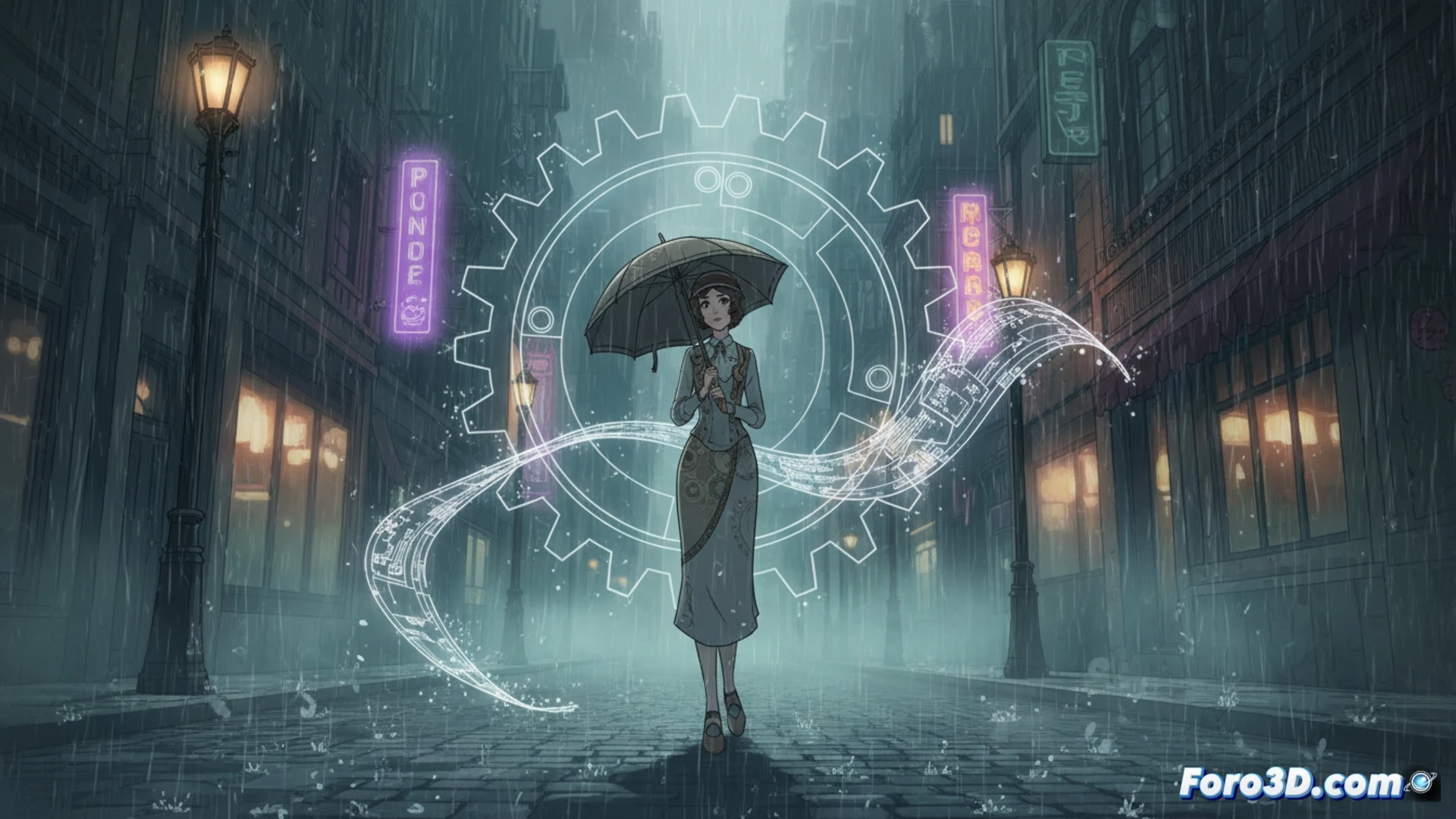 Ilustración de personaje estilo retro bajo lluvia con animación Live2D en Unity, niebla atmosférica