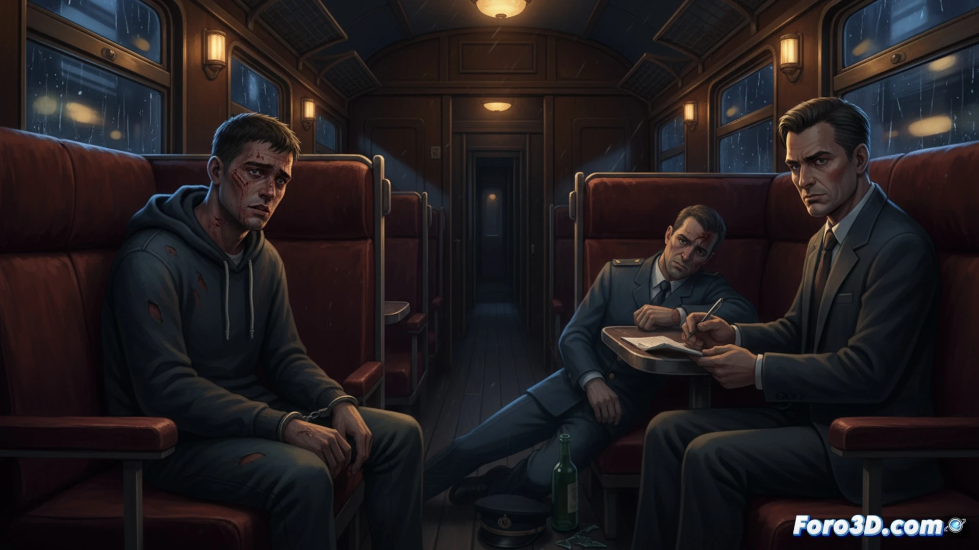 Un revisor yace en el suelo de un tren, con un golpe en la cabeza, mientras un joven sospechoso es escoltado por agentes. Al fondo, pasajeros miran conmocionados. La escena transmite tensión y violencia.
