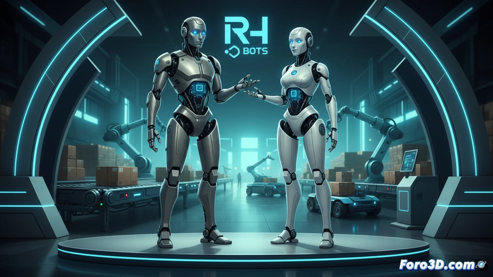 humanoid robot Bonico at a warehouse conveyor belt, picking a cardboard box with articulated gripper, AGIBOT X2 mechanical torso exposed with open-source circuit boards, glowing blue status LEDs on chest panel, conveyor moving boxes in background, warehouse shelving with barcode scanners, industrial floor markings, cinematic engineering visualization, photorealistic metallic surfaces, dramatic side lighting from overhead LED strips, subtle motion blur on robot arm during pick action, technical illustration style with clean edges and reflective metal textures