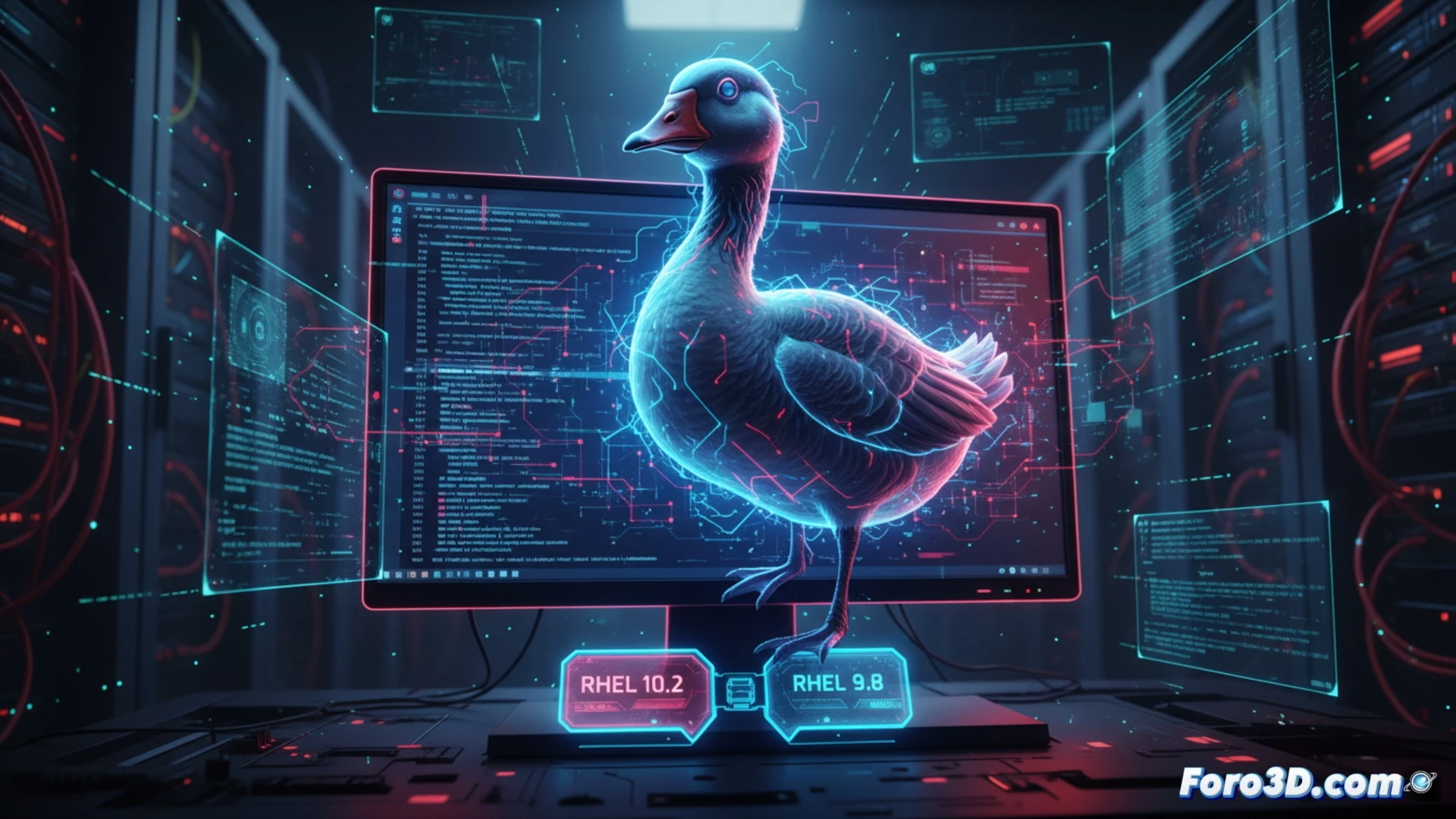 Red Hat Enterprise Linux terminal interface during goose AI assistant activation, command line showing real-time system monitoring with colorful refreshed output, goose icon appearing as glowing digital entity beside bash prompt while executing package update commands, technical illustration style, dark green and blue color palette, monitor glow illuminating keyboard, crisp pixel-perfect text rendering, sleek modern workstation setup, subtle MCP protocol visualization as flowing data lines connecting terminal to cloud infrastructure, photorealistic engineering visualization