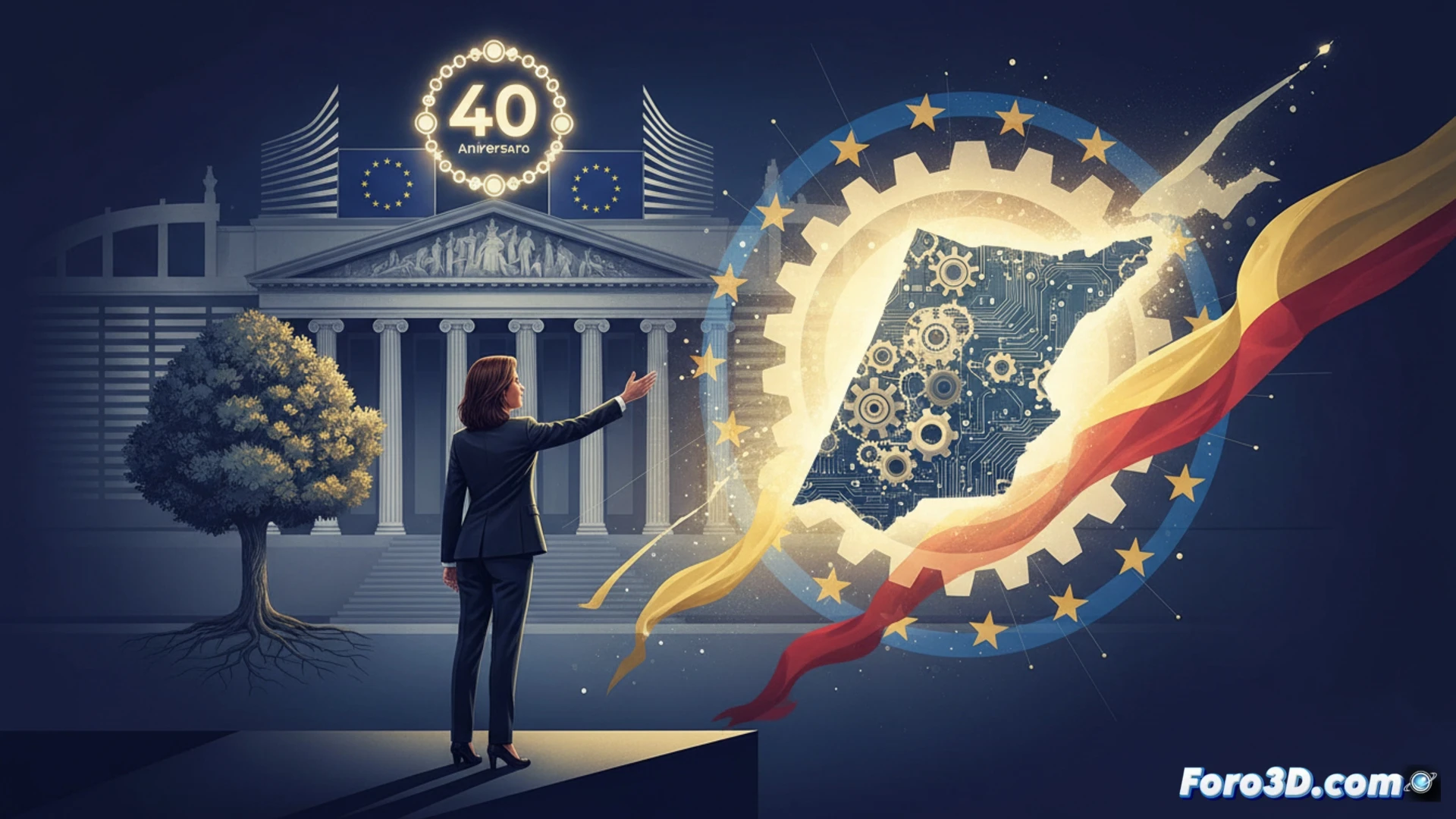 Teresa Ribera sonríe ante la bandera de la UE y Cataluña en Bruselas, celebrando 40 años de España en Europa.