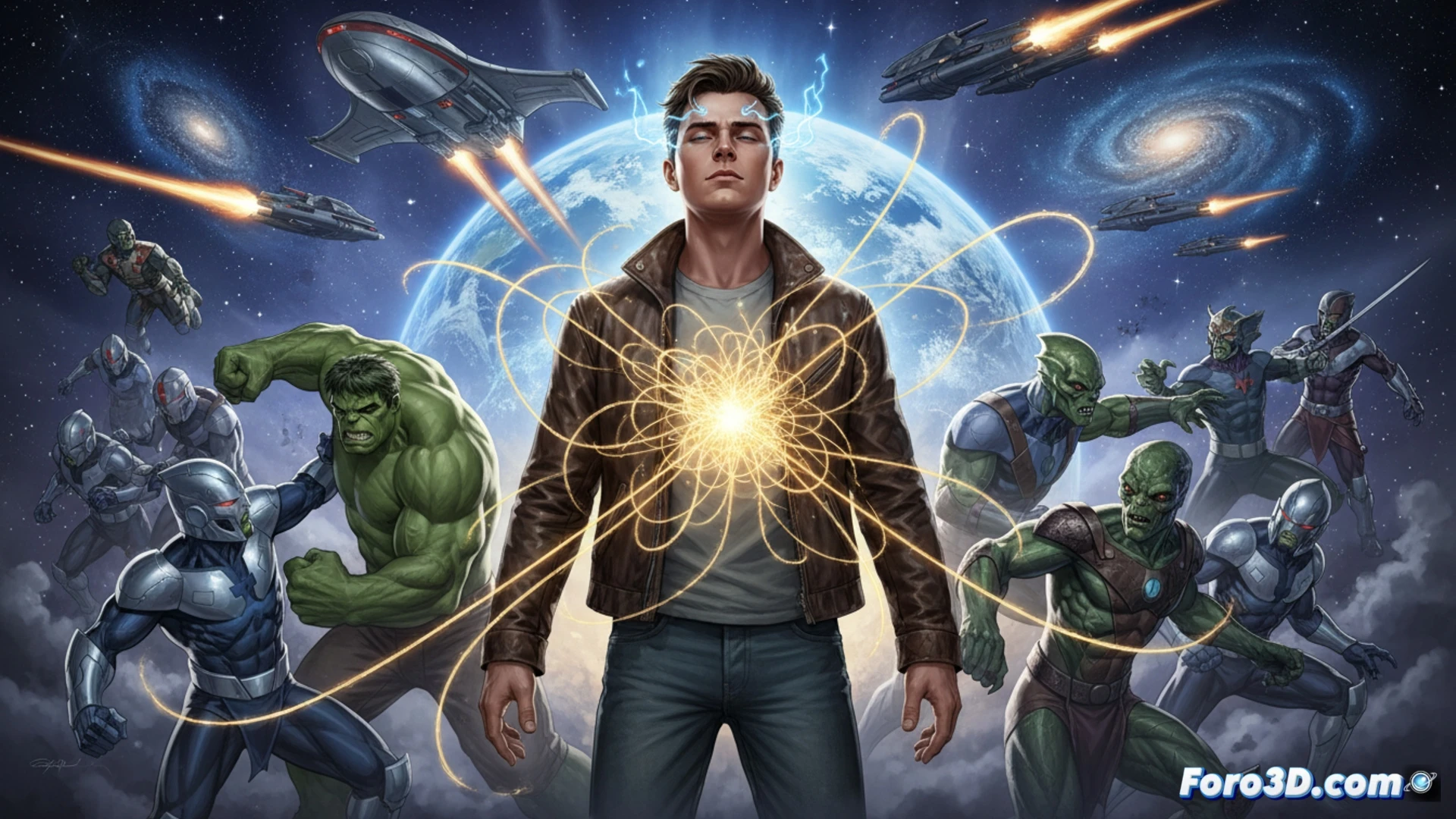 Un humano común, sin capa ni armadura, se alza entre pantanos y naves Kree, nexo cósmico entre la Tierra y el cosmos.