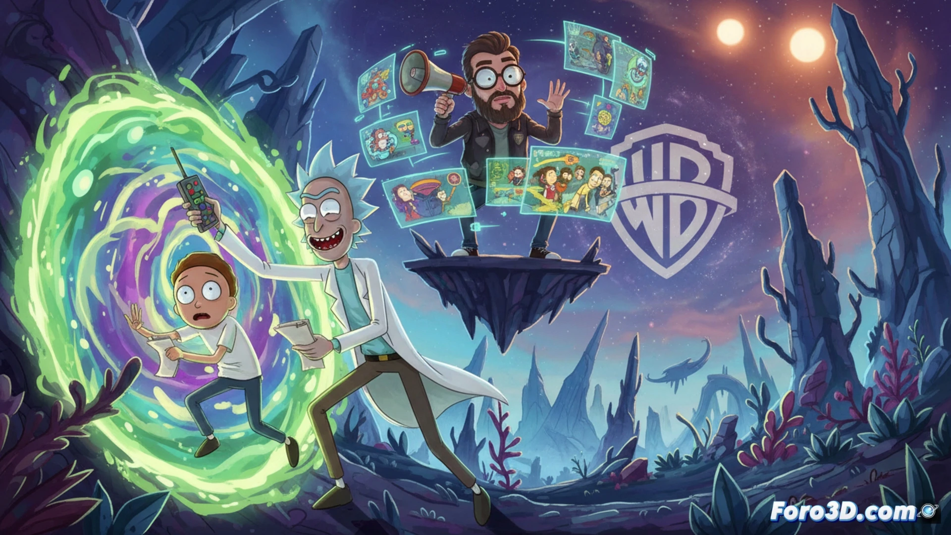 animated film storyboard development scene, director Jacob Hair reviewing holographic character models of Rick and Morty on a digital light table, floating 3D wireframes of the Smith family house and portal gun, layered cel animation sheets with action lines showing a chase through interdimensional space, cinematic technical illustration style, warm amber studio lighting, motion blur on spinning storyboard panels, glowing green portal energy reflecting on glass monitors, ultra-detailed drawing tools and stylus pens, photorealistic engineering visualization of animation workflow