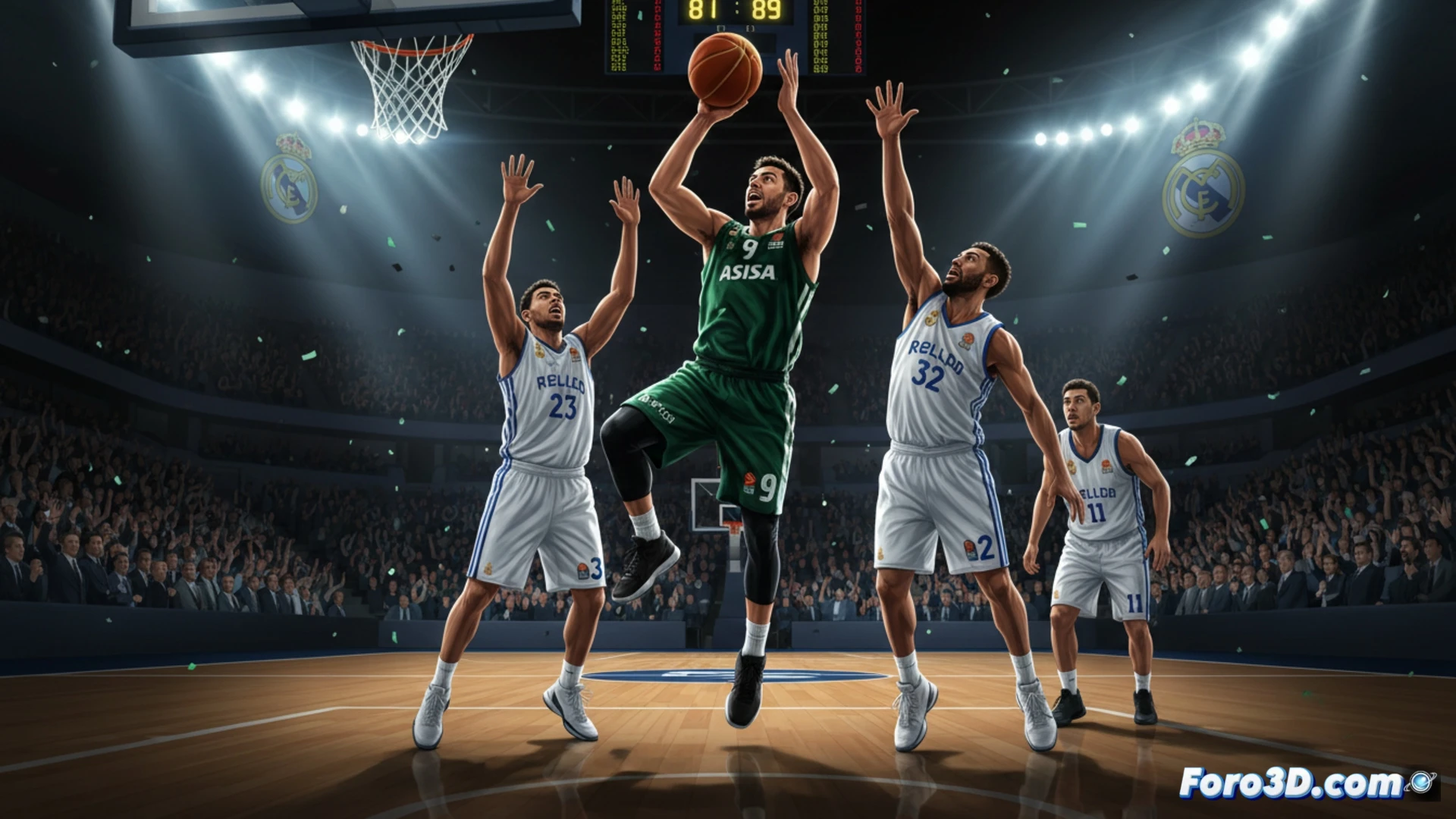 basketball court action scene, Ricky Rubio in white Joventut jersey executing a crossover dribble past a Real Madrid defender, ball mid-bounce creating motion blur, defender in white kit off-balance reaching, dramatic gymnasium lighting with shadows, crowd blurred in background, scoreboard showing 81-89 in the upper corner, photorealistic sports photography style, high contrast, sweat droplets frozen in air, hardwood floor reflections, intense facial expressions, dynamic body movement, cinematic wide-angle lens effect, technical sports illustration