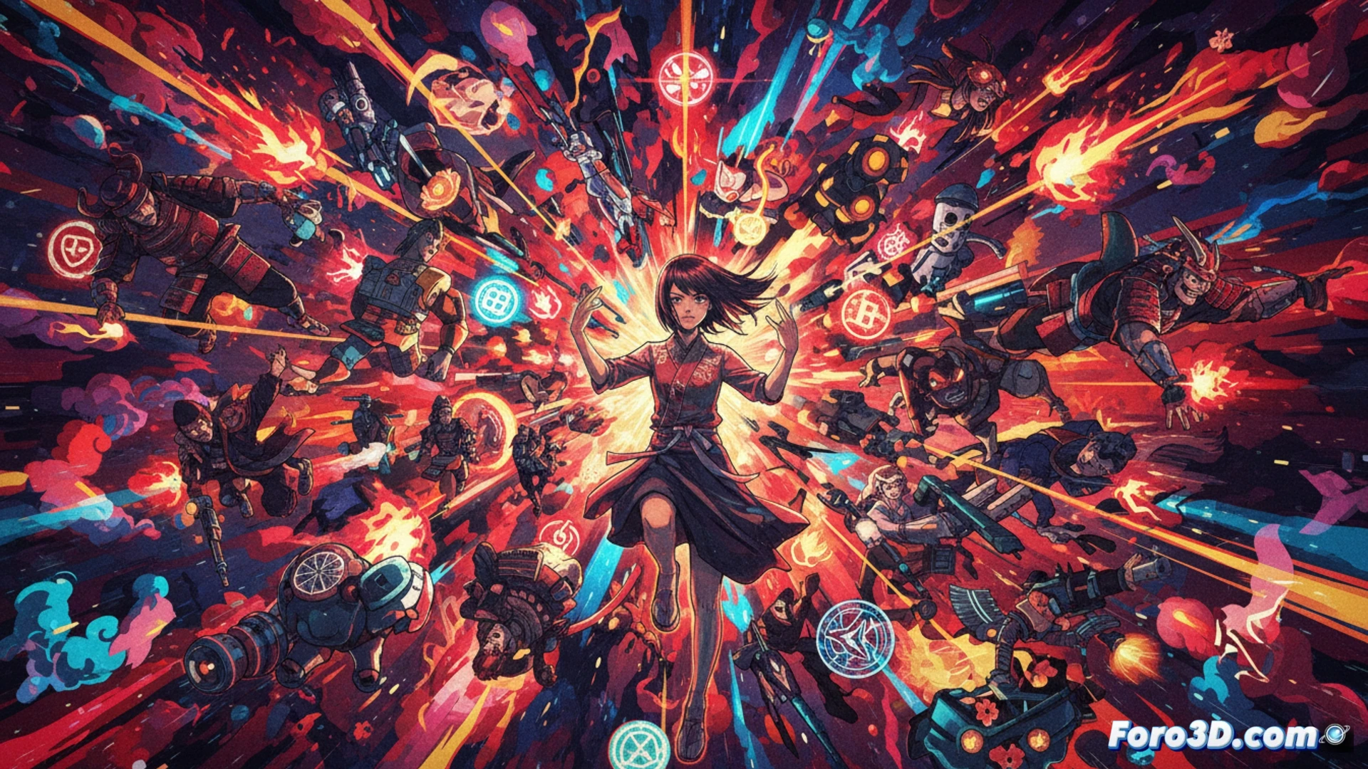 Una explosión cinética de colores y trazos, con personajes de folclore japonés girando en un collage frenético que evoca el caos visual de Rie Matsumoto.