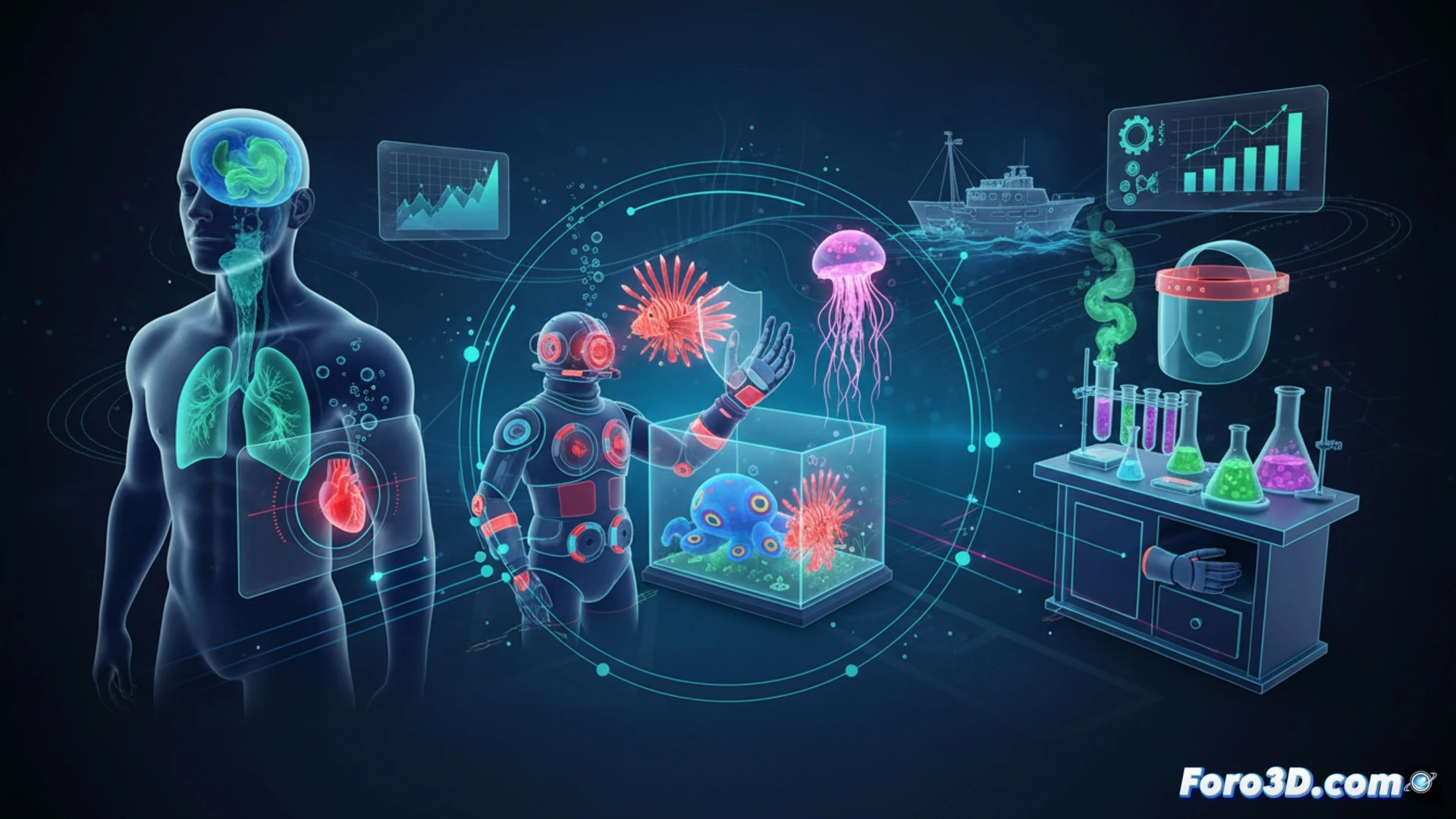 Infografía 3D interactiva de riesgos para biólogo marino: buceo, fauna venenosa y laboratorio en prevención laboral