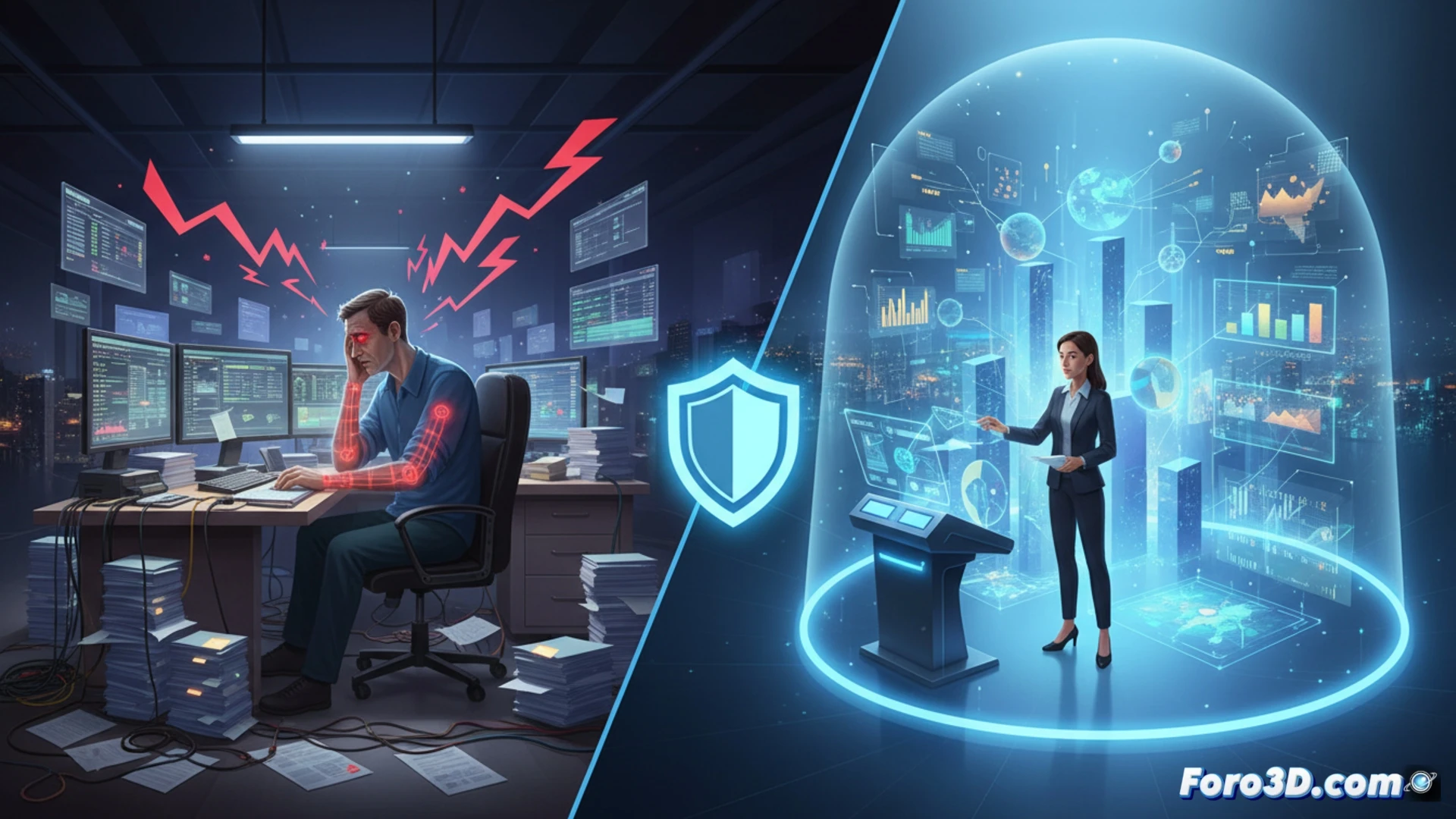 Visualización financiera 3D con gráficos interactivos flotantes y un economista analizando datos en un entorno inmersivo