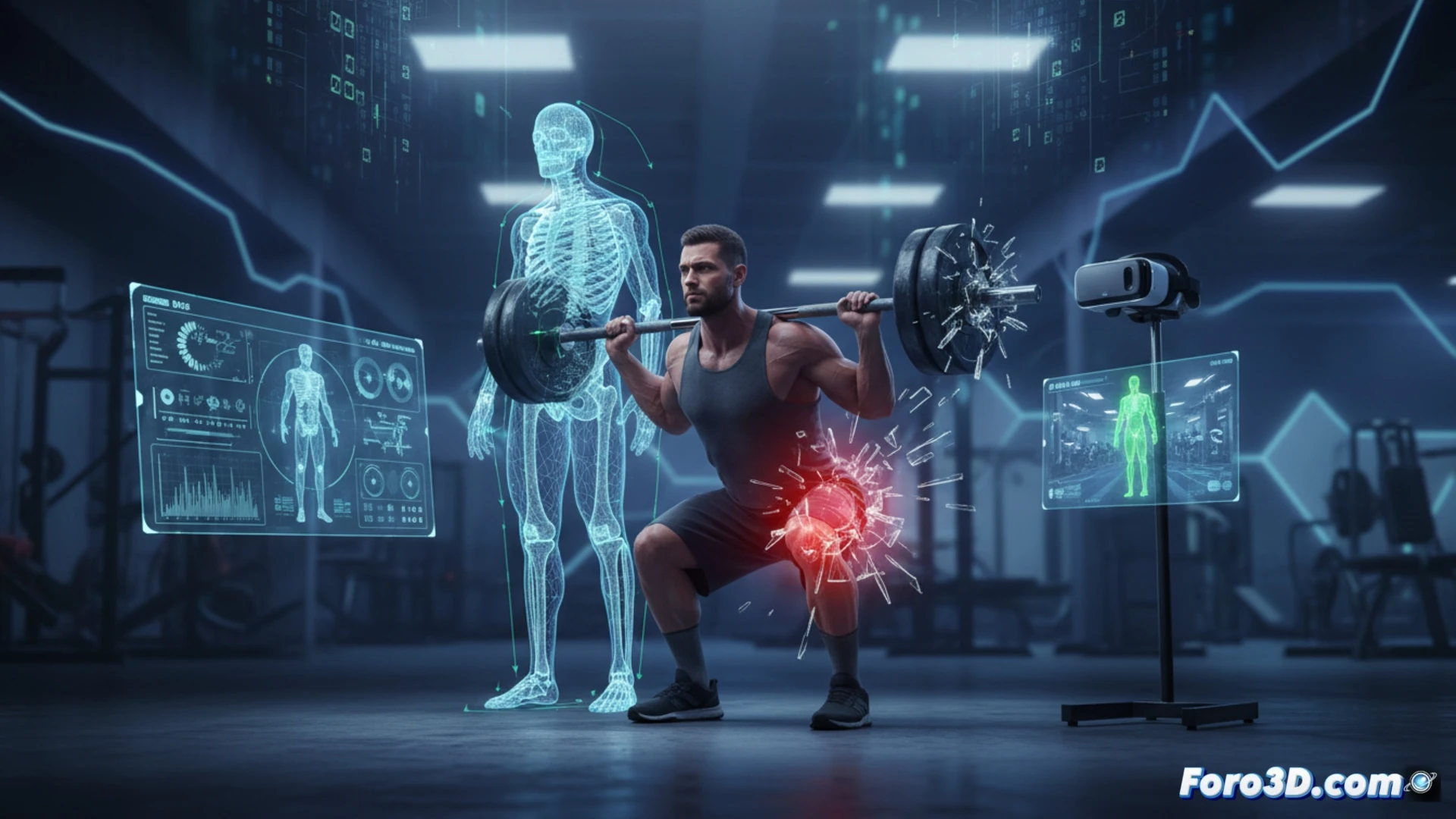 Entrenador personal usando gafas de realidad virtual con análisis biomecánico 3D en tiempo real
