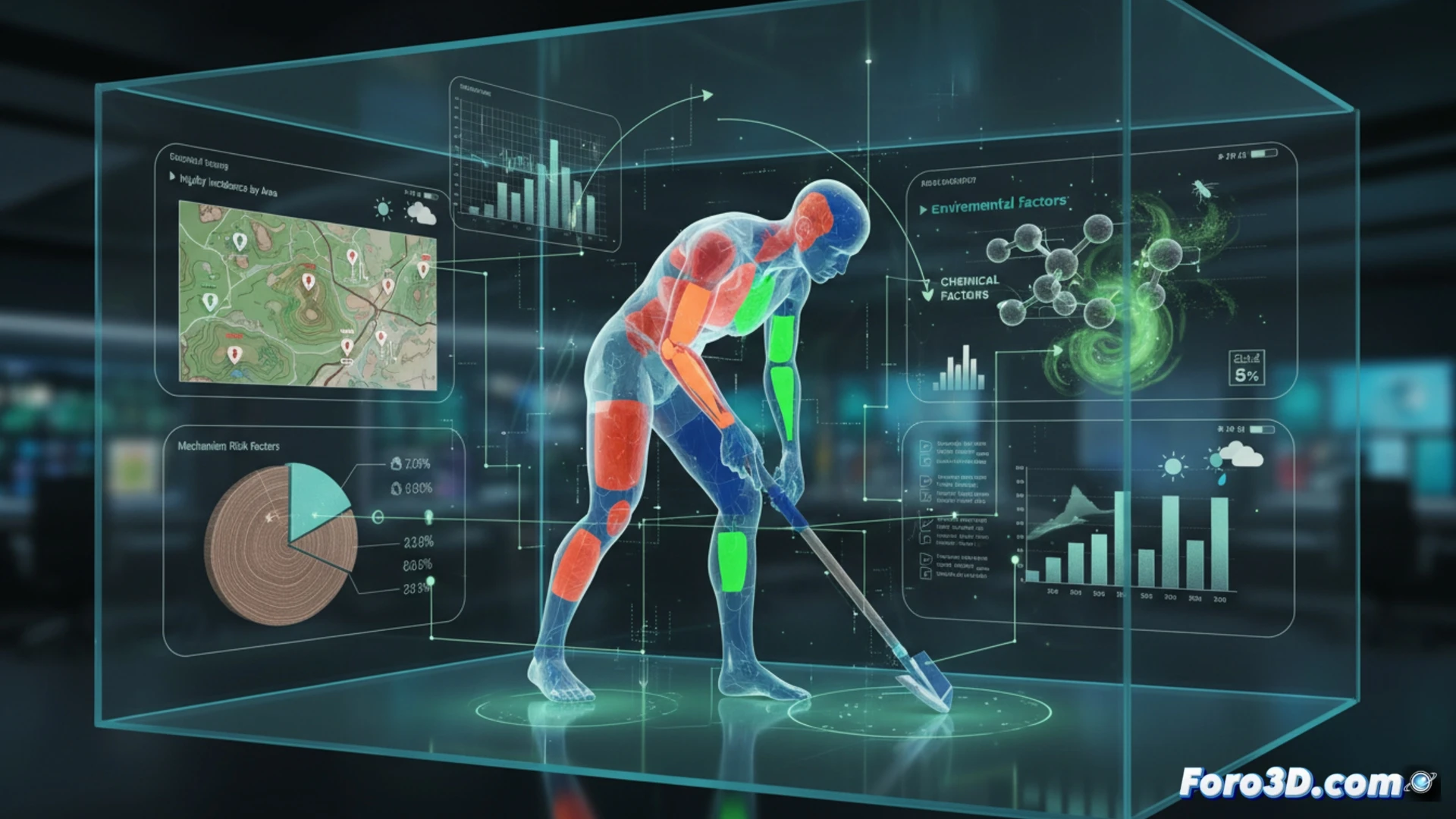 Modelo 3D de datos epidemiológicos sobre lesiones y exposición química en jardinería laboral, dashboard interactivo