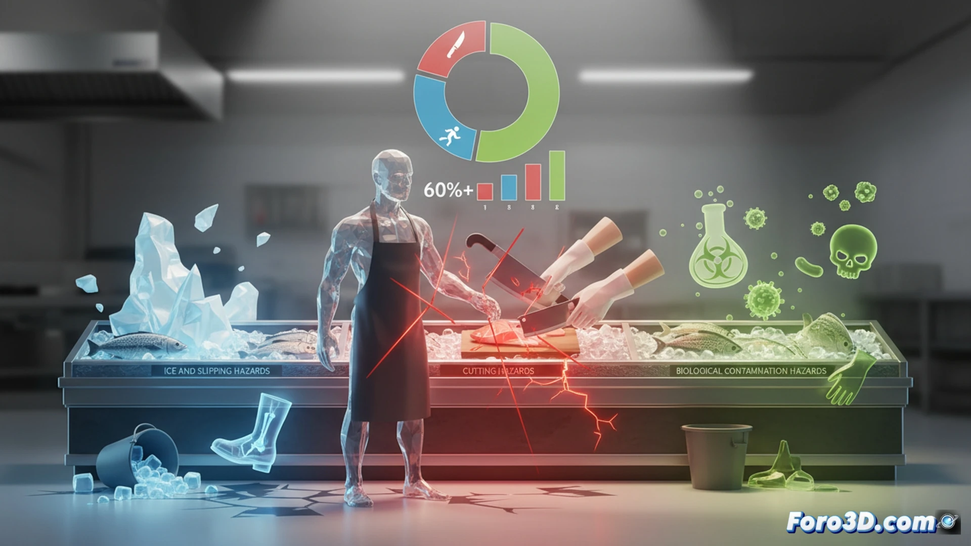 Infografía 3D de riesgos laborales en pescadería: cortes, caídas y frío extremo para prevención visual