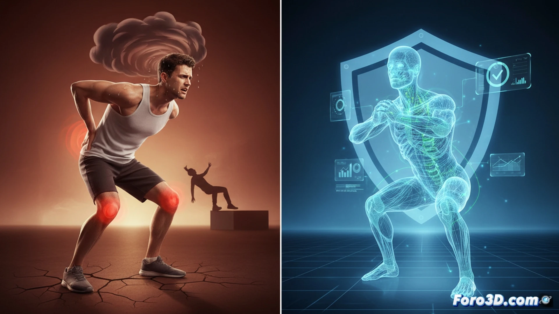 Preparador físico demostrando ejercicio con riesgo de lesión mientras simulación 3D analiza biomecánica corporal en pantalla