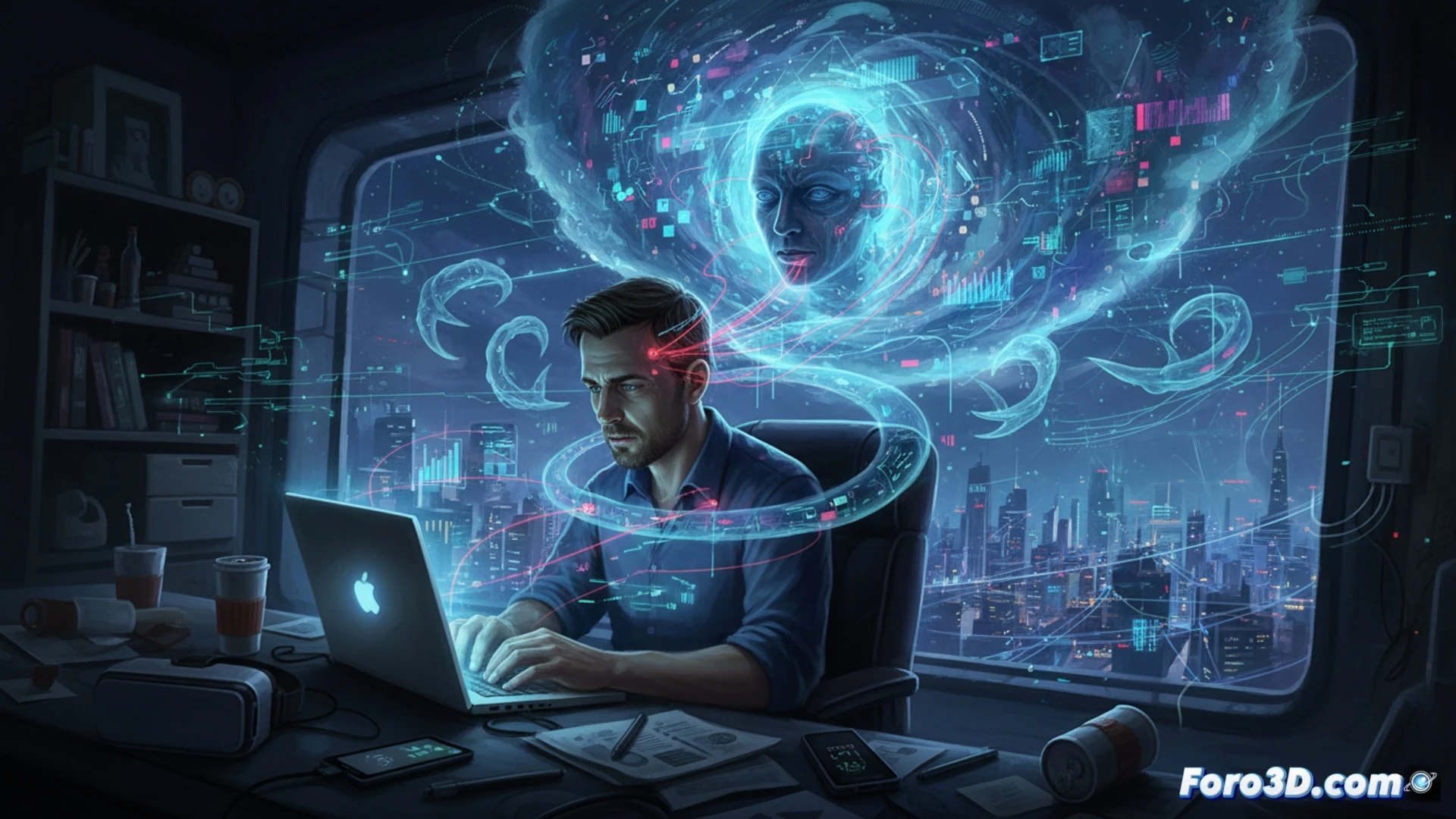 Emprendedor estresado frente a pantallas con datos de IA y gráficos de productividad digital