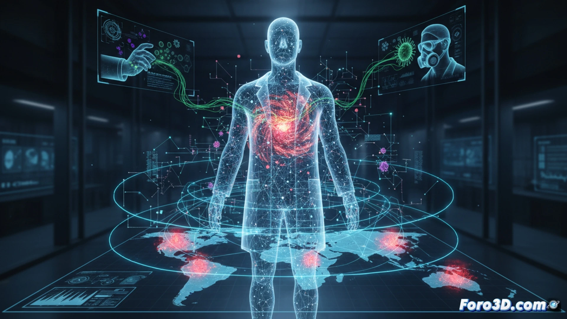 Visualización 3D de riesgos laborales en biología: mapa de incidencia y rutas de contagio en laboratorio
