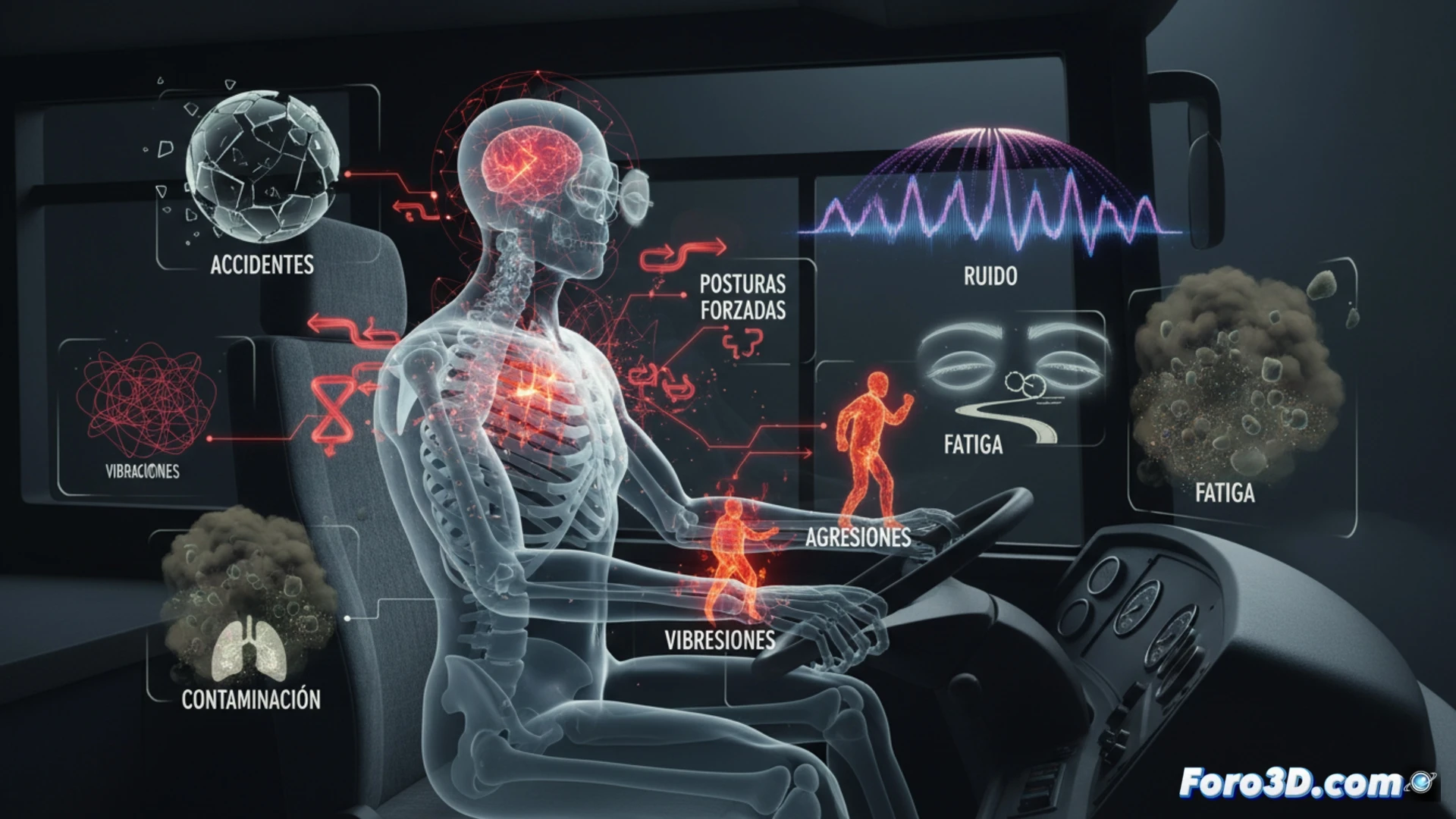 Modelo 3D de conductor de autobús con factores de riesgo laboral visibles: postura, vibración, estrés y contaminación.
