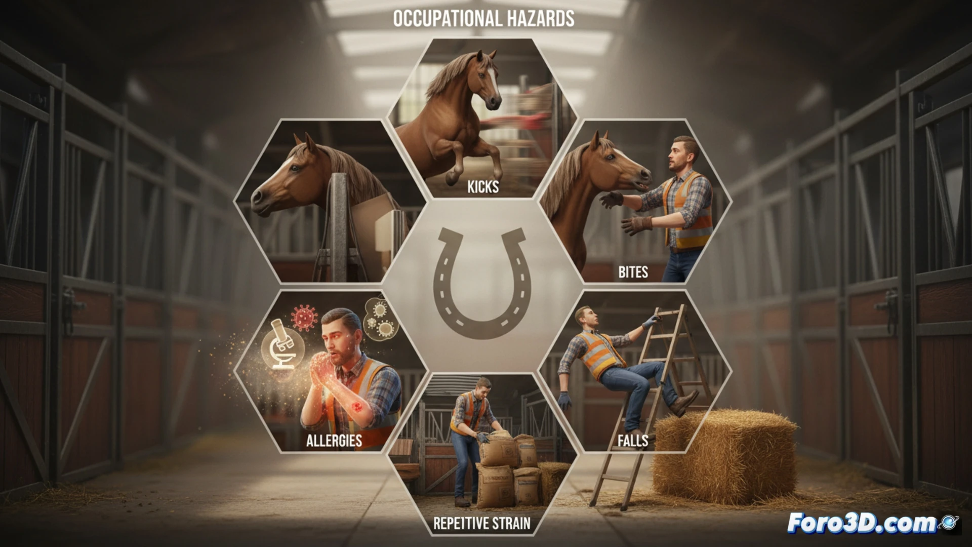 Infografía 3D sobre riesgos laborales del criador de caballos, mostrando patadas, caídas y maquinaria en un establo